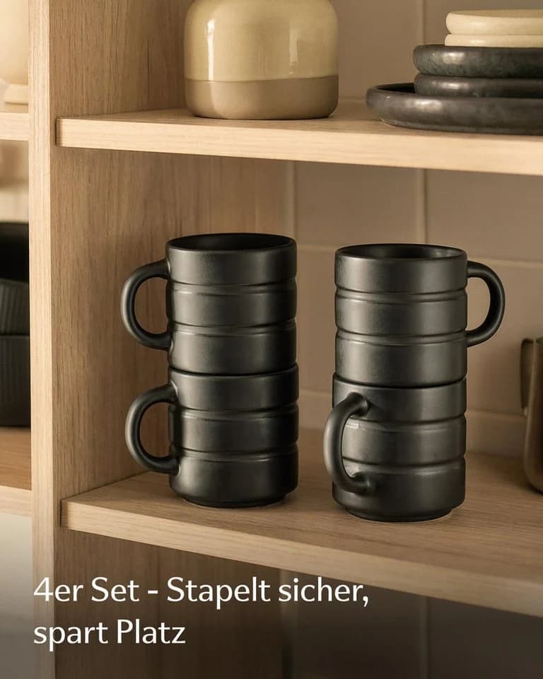 Cosumy Kaffeetassen Set 4-tlg. Schwarz Stapelbar Keramik Rillenoptik
