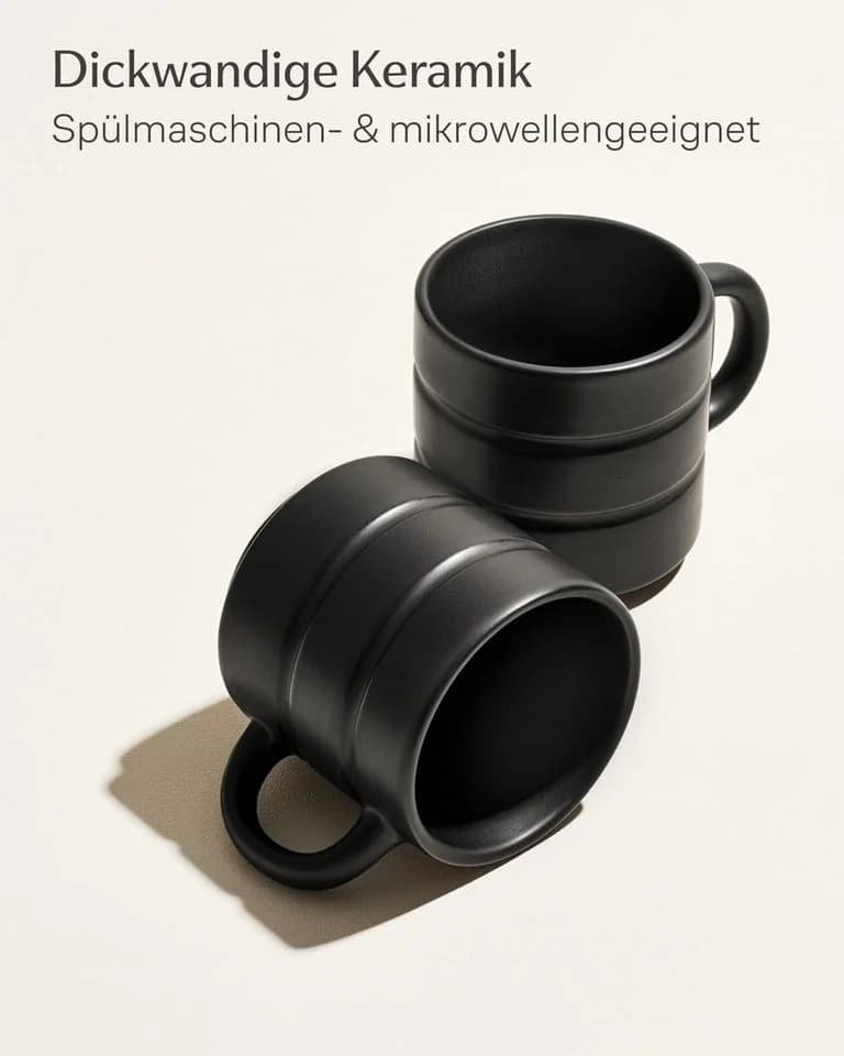 Cosumy Kaffeetassen Set 4-tlg. Schwarz Stapelbar Keramik Rillenoptik - Bild 4