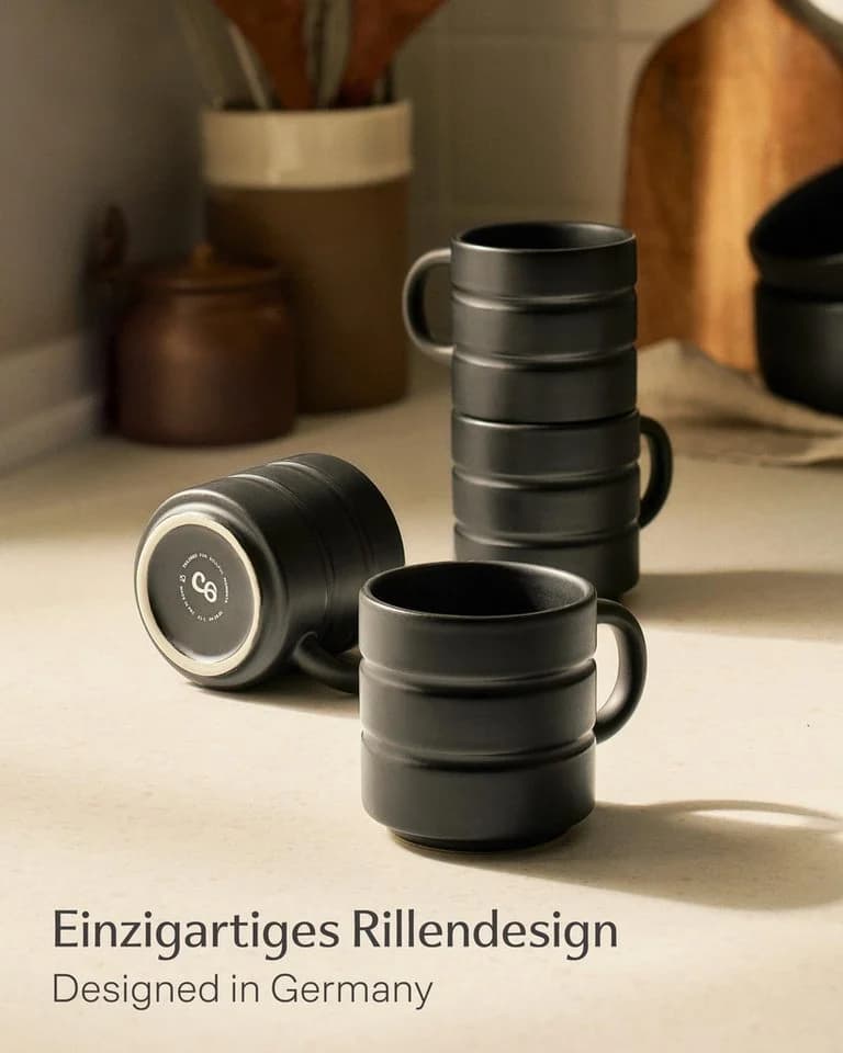 Cosumy Kaffeetassen Set 4-tlg. Schwarz Stapelbar Keramik Rillenoptik - Bild 5