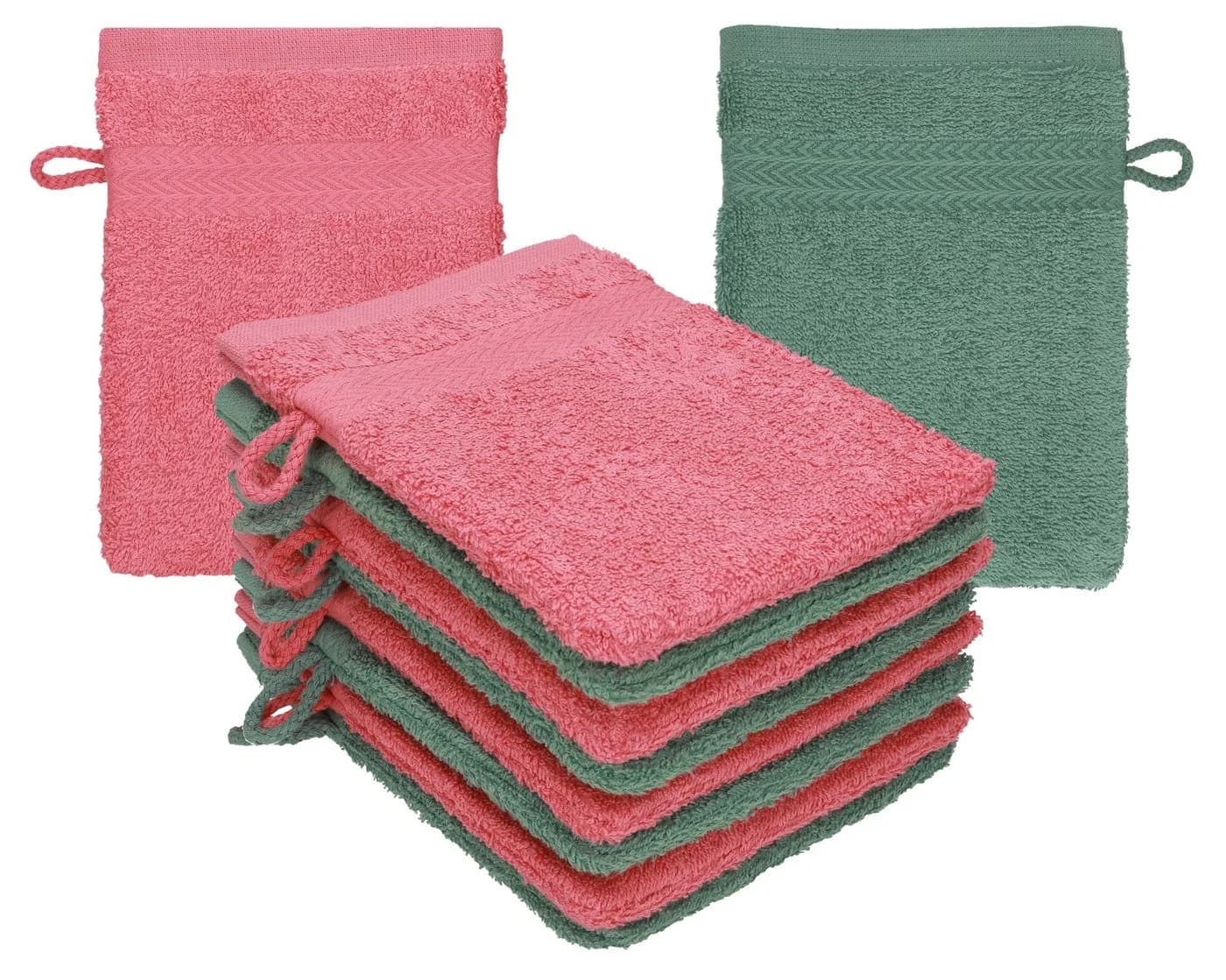 Betz Premium Waschhandschuhe 10-tlg. 100% Baumwolle Himbeere/Tannengrün - Bild 2