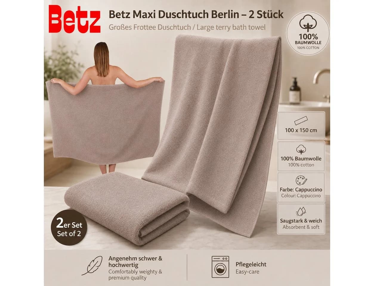 Betz Badetuch Maxi Duschtuch XXL 100x150cm 100% Baumwolle Beige