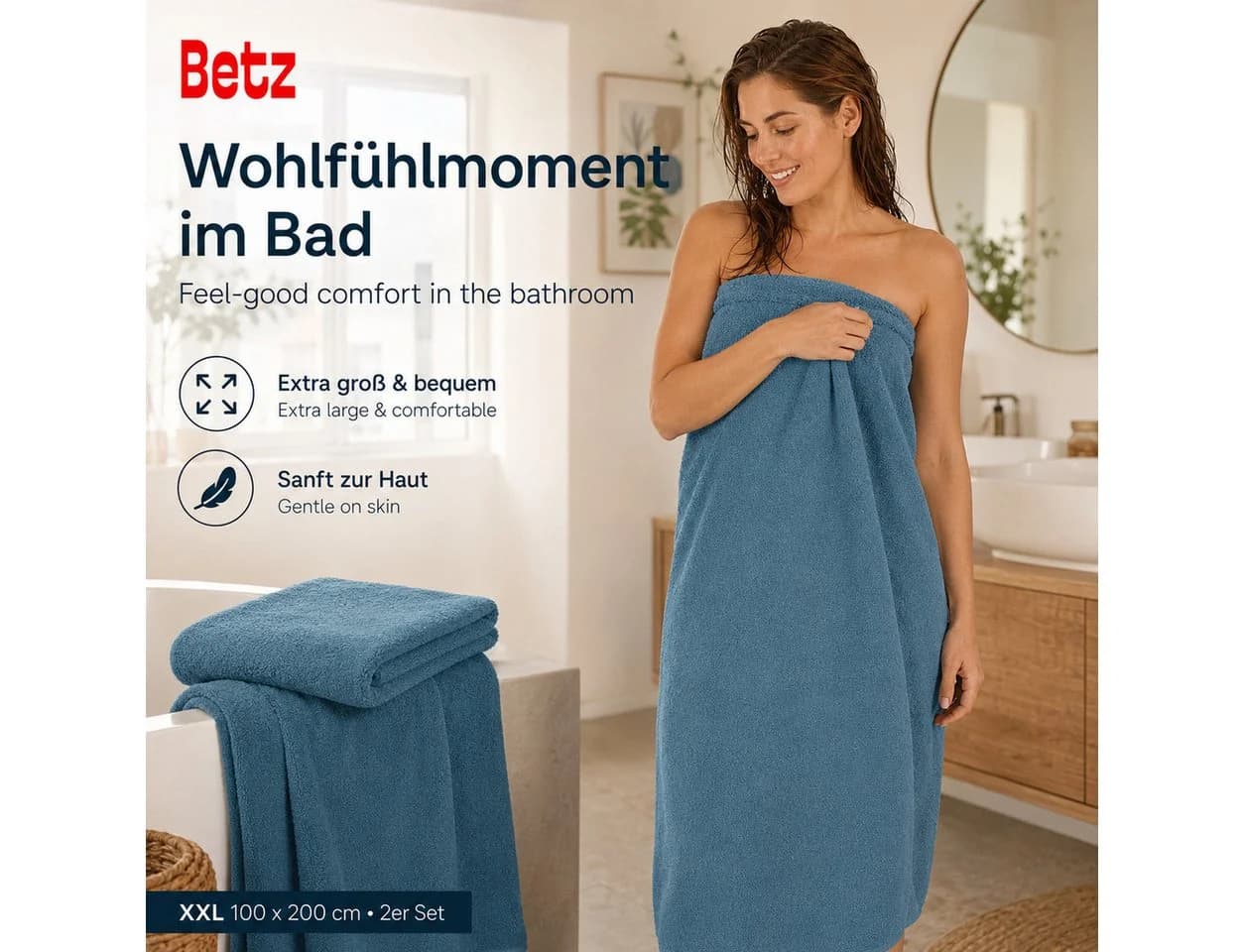 Betz Badetuch XXL 2er Set Taubenblau 100% Baumwolle