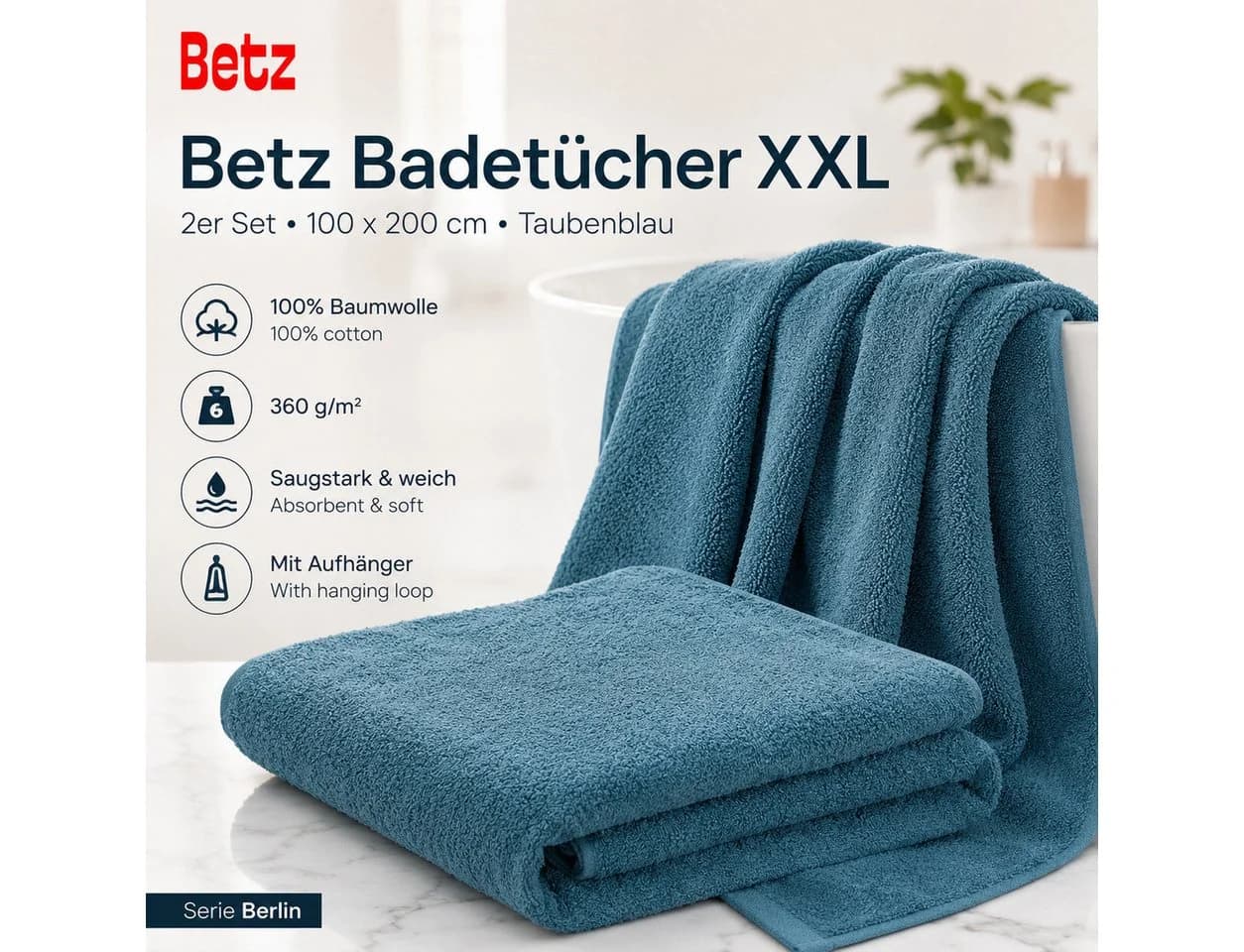 Betz Badetuch XXL 2er Set Taubenblau 100% Baumwolle - Bild 3