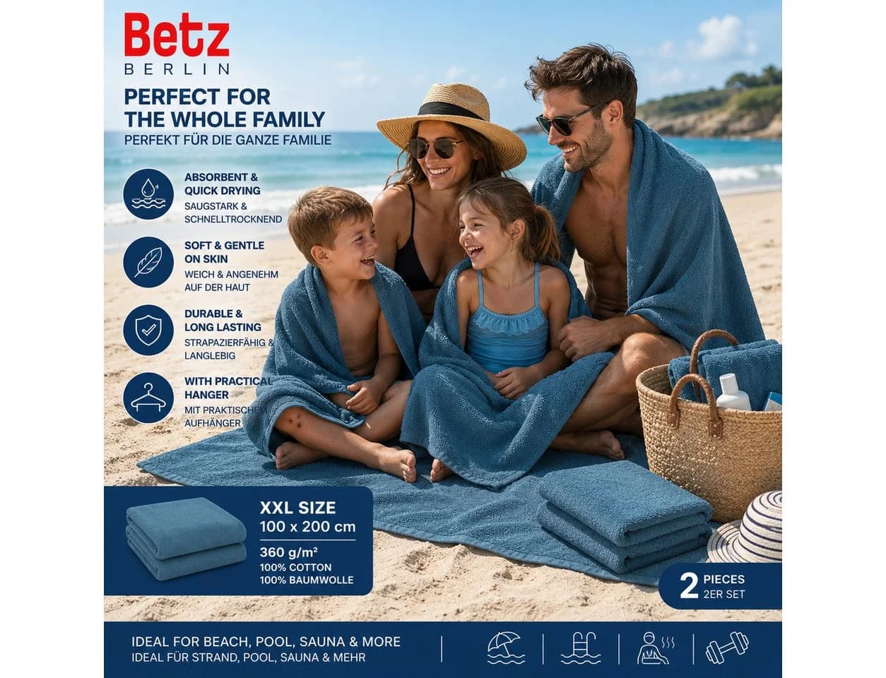 Betz Badetuch XXL 2er Set Taubenblau 100% Baumwolle - Bild 4