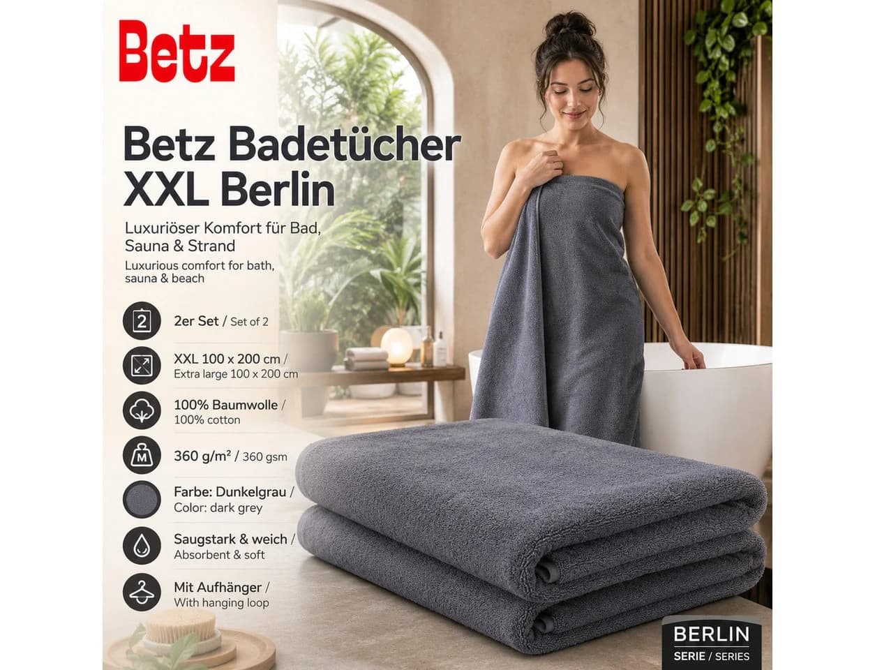 Betz Badetuch Set 2 Stück XXL 100x200 cm 100% Baumwolle Grau - Bild 3