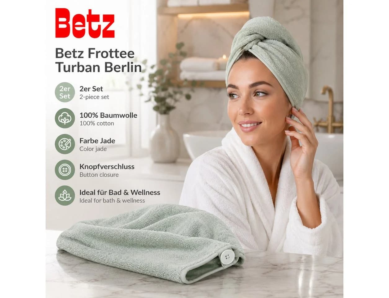 Betz Turban-Handtuch mit Knopf BERLIN Jade 2er Set