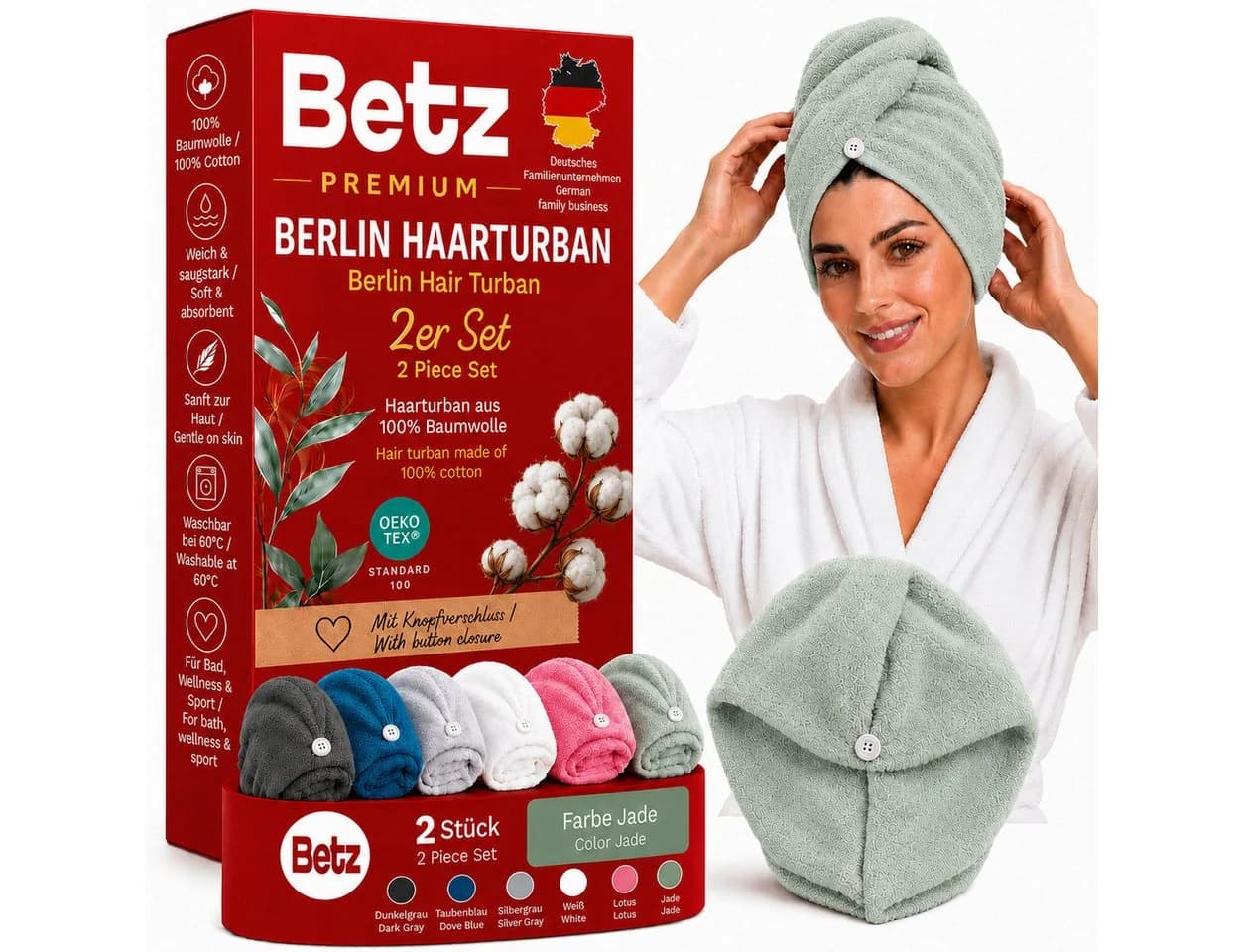 Betz Turban-Handtuch mit Knopf BERLIN Jade 2er Set - Bild 2