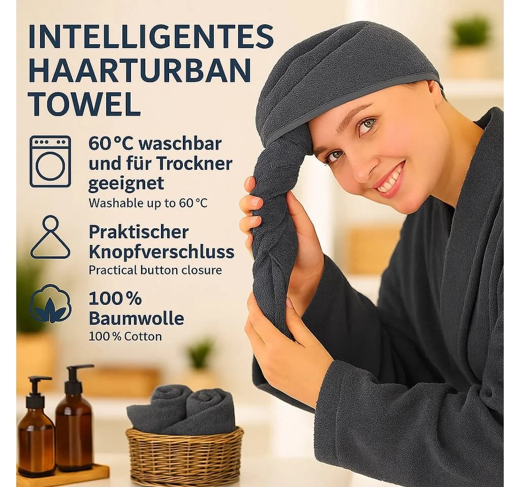 Betz Turban-Handtuch mit Knopf BERLIN Grau 2-Stück Frottee - Bild 4