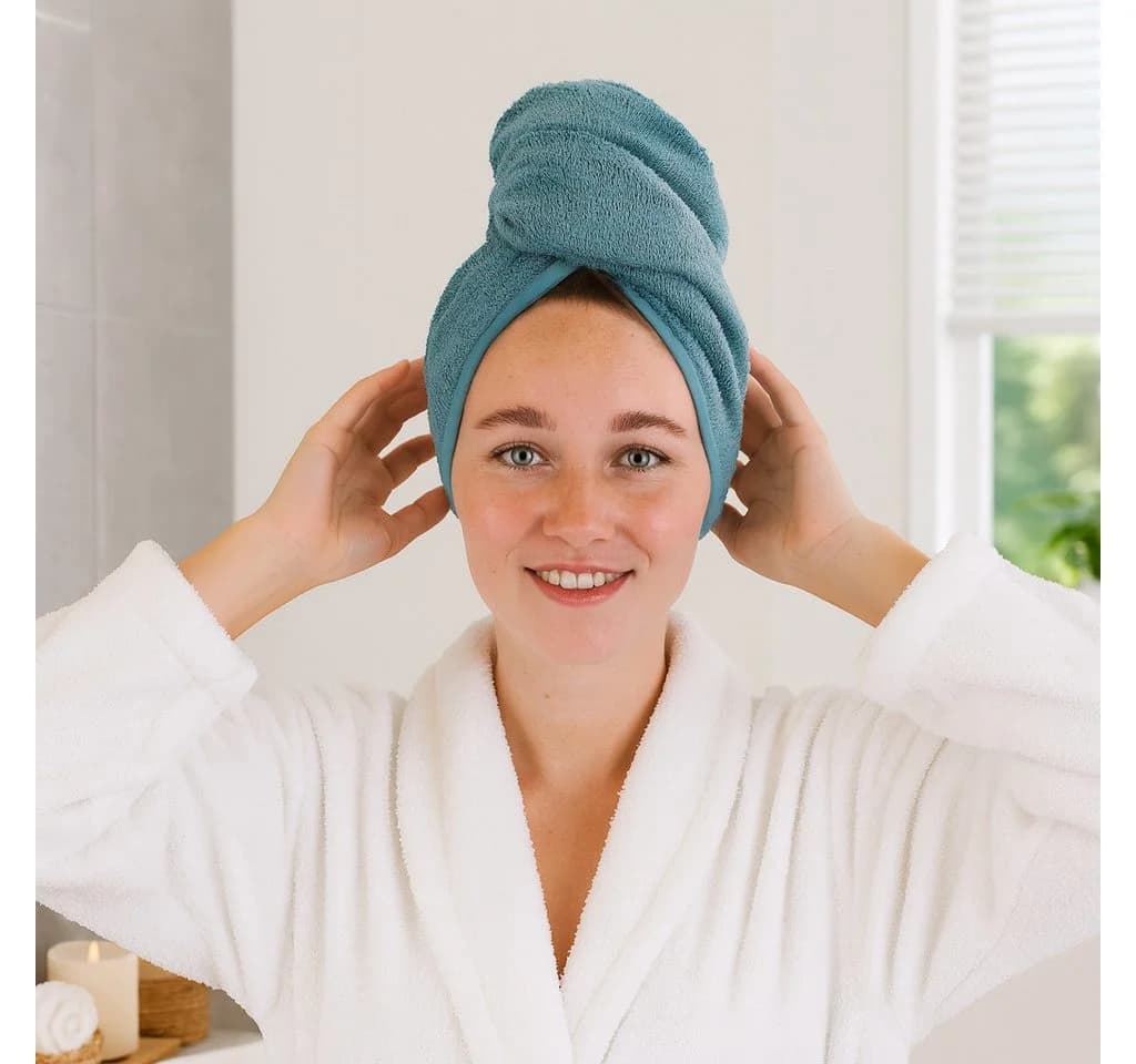 Betz Turban-Handtuch mit Knopf BERLIN Taubenblau 100% Baumwolle