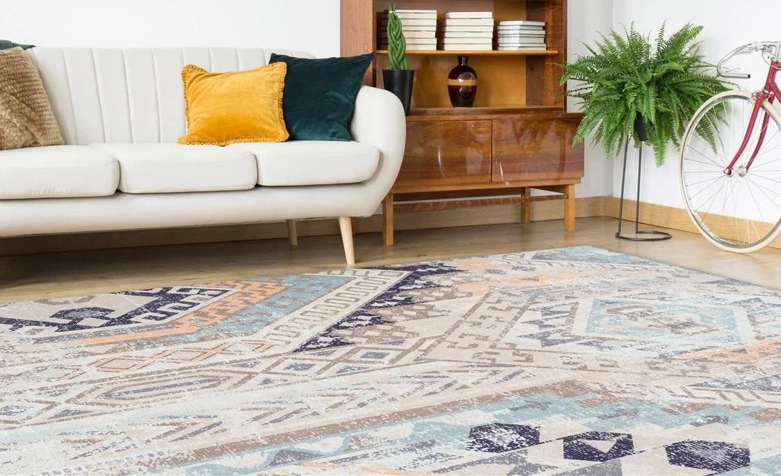 CALO-DELUXE Teppich Emin 600 Vintage Bunt Blau Baumwolle