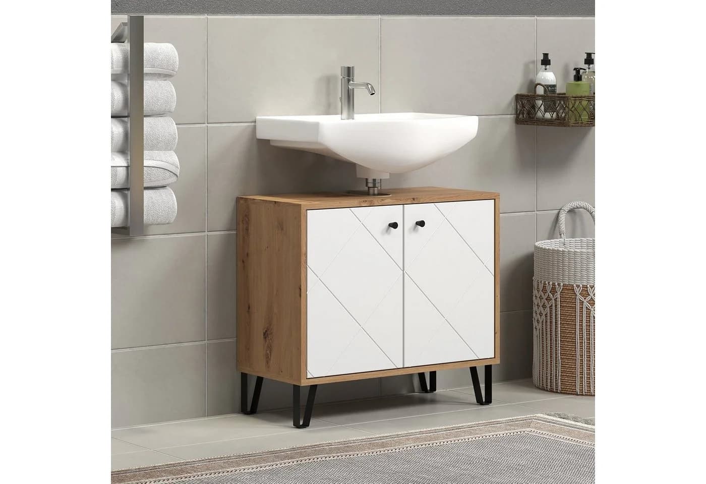 trendteam Waschbeckenunterschrank Weiß Matt Lack Skandi Design