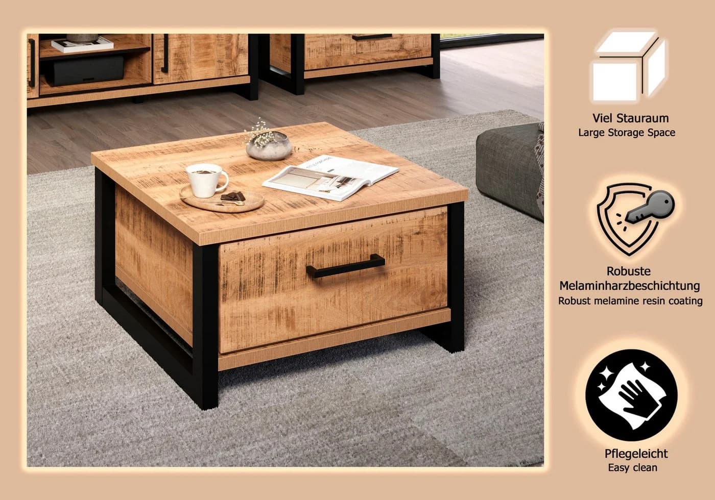 Couchtisch Elda Mango Schwarz Vollauszug Schubladen Home Affaire - Bild 5