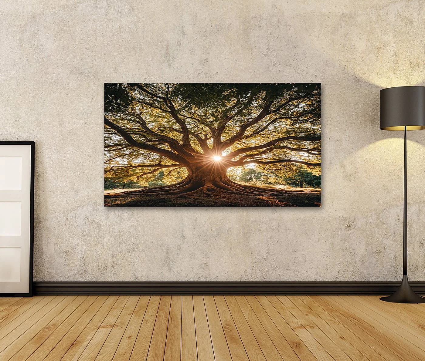 Islandburner Leinwandbild Mächtiger Baum mit Sonnenstrahlen - Bild 1