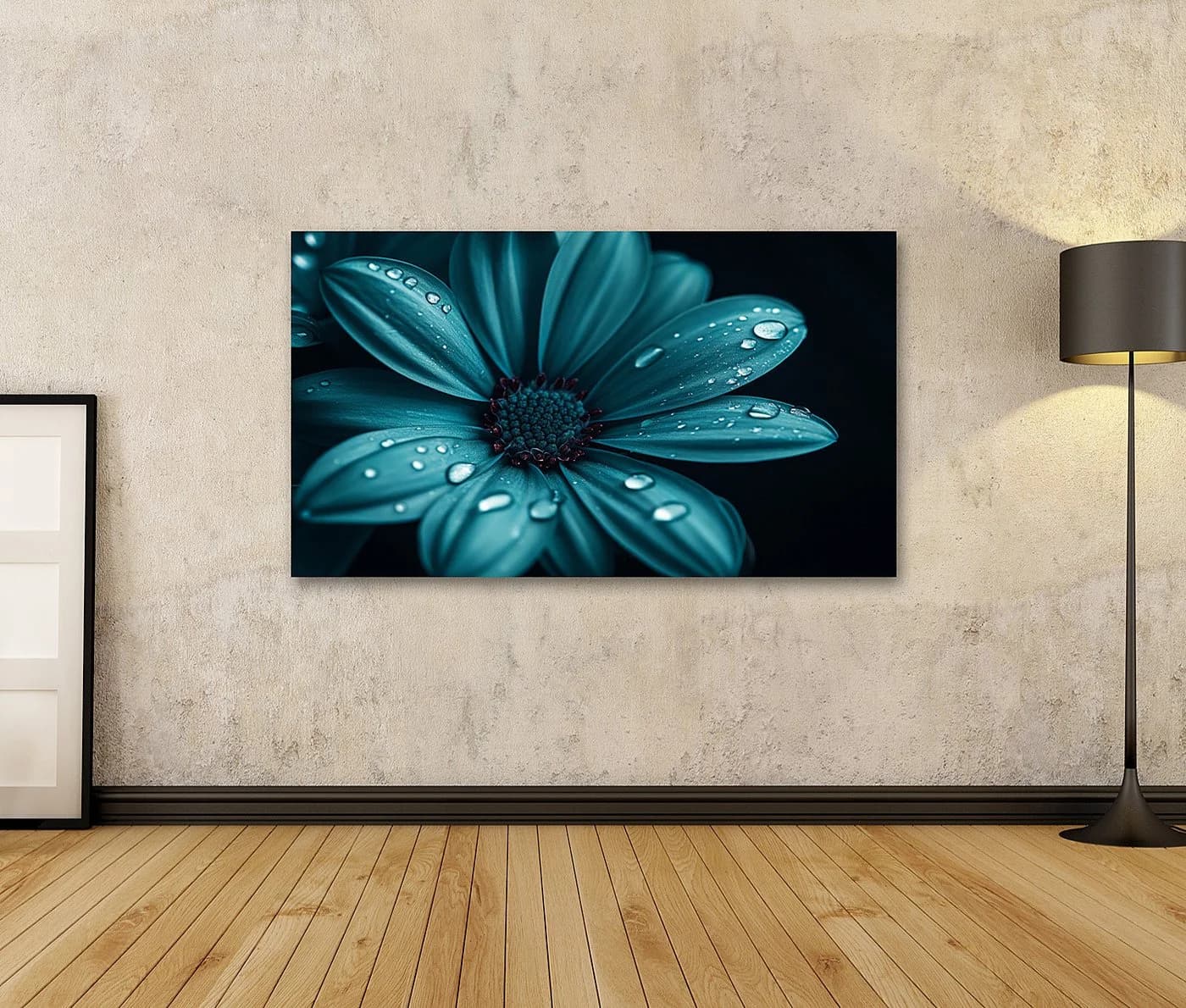 islandburner Leinwandbild Türkisfarbene Blume mit Wassertropfen