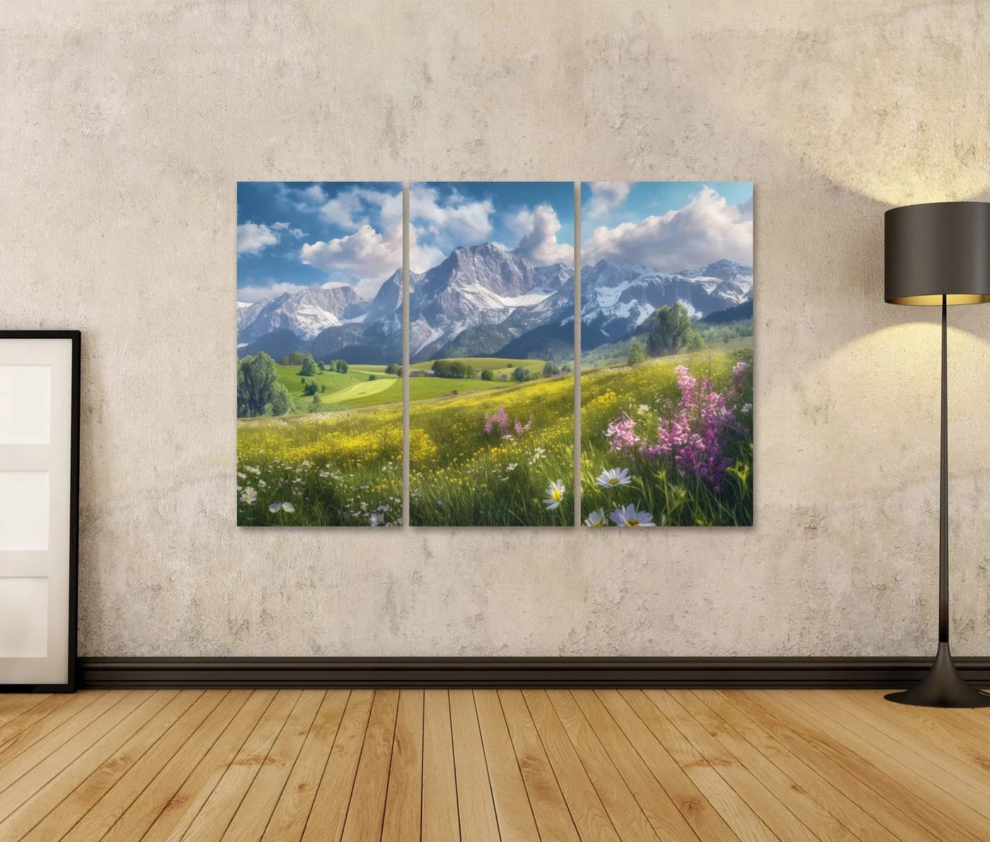 islandburner Leinwandbild Alpenwiese im Frühling mit Bergpanorama 3-teilig