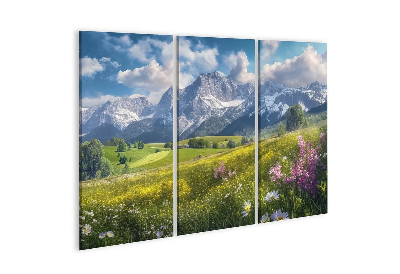 islandburner Leinwandbild Alpenwiese im Frühling mit Bergpanorama 3-teilig - Bild 2