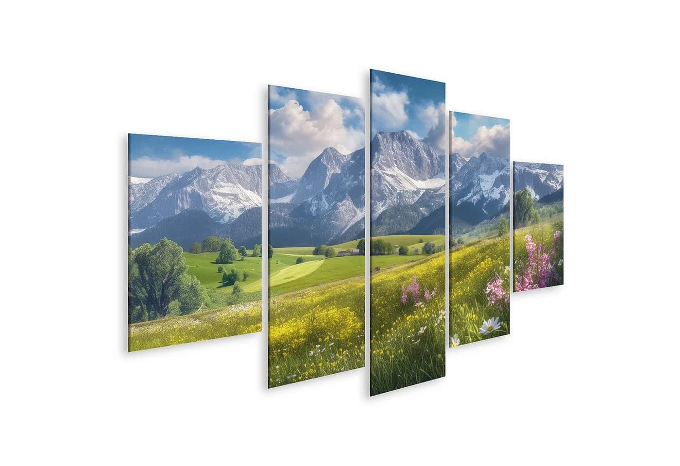 islandburner Leinwandbild Alpenwiese im Frühling mit Bergpanorama 5-teilig - Bild 2