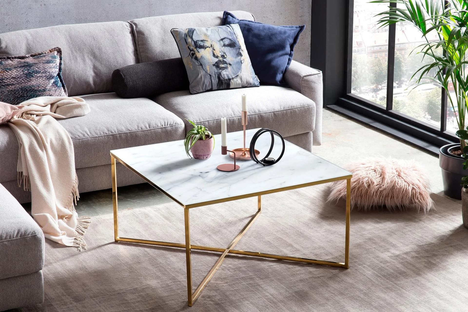 SALESFEVER Couchtisch Caorle Weiß/Gold Glas Marmoroptik