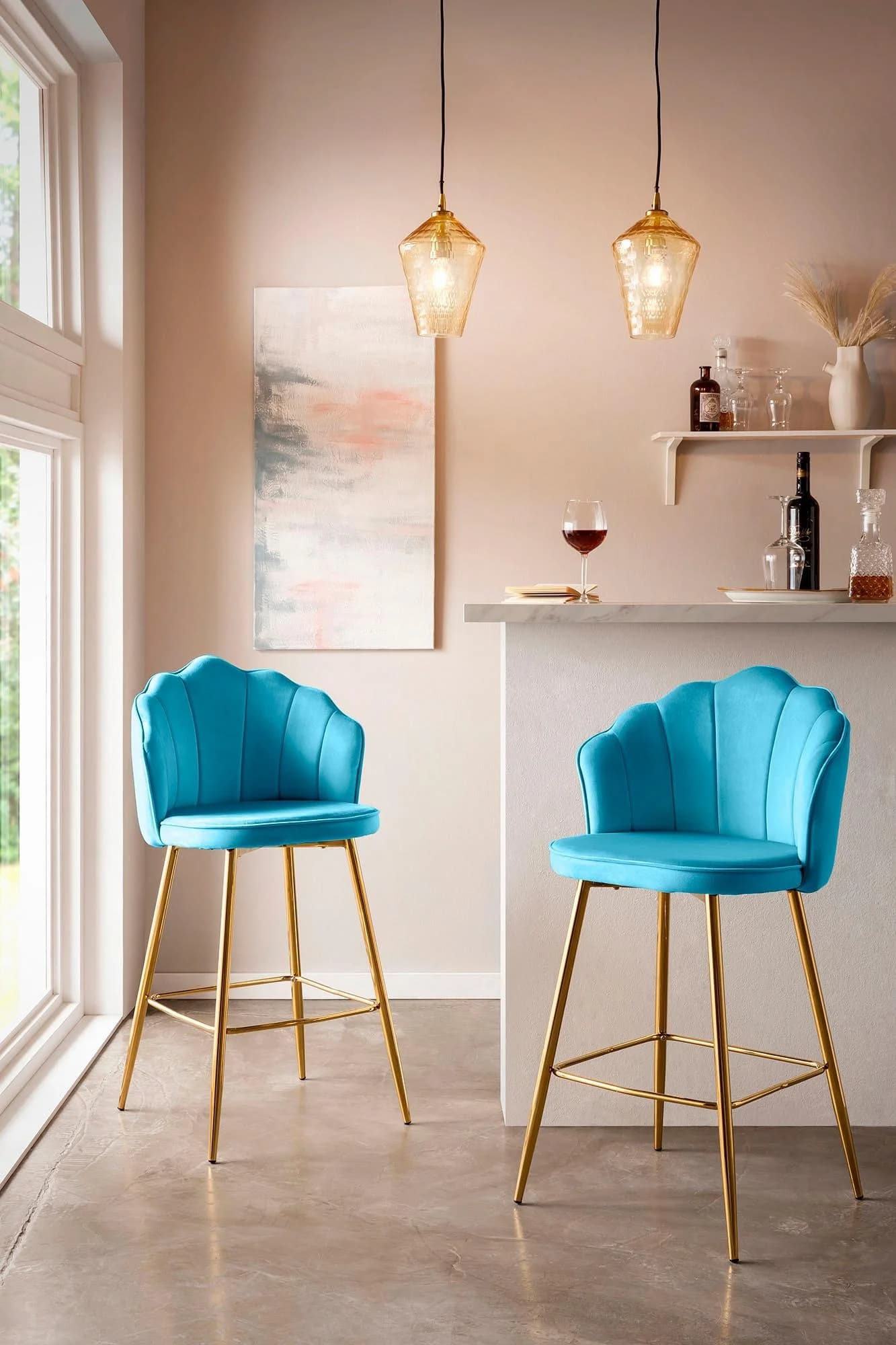 SALESFEVER Barhocker Clam 2er Set Blau Gold Samt