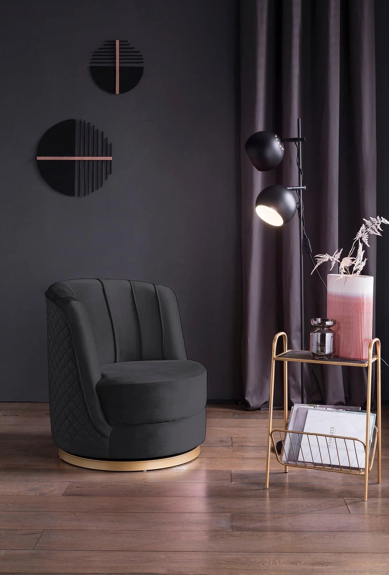 Salesfever Drehsessel Schwarz Samt mit Goldsockel