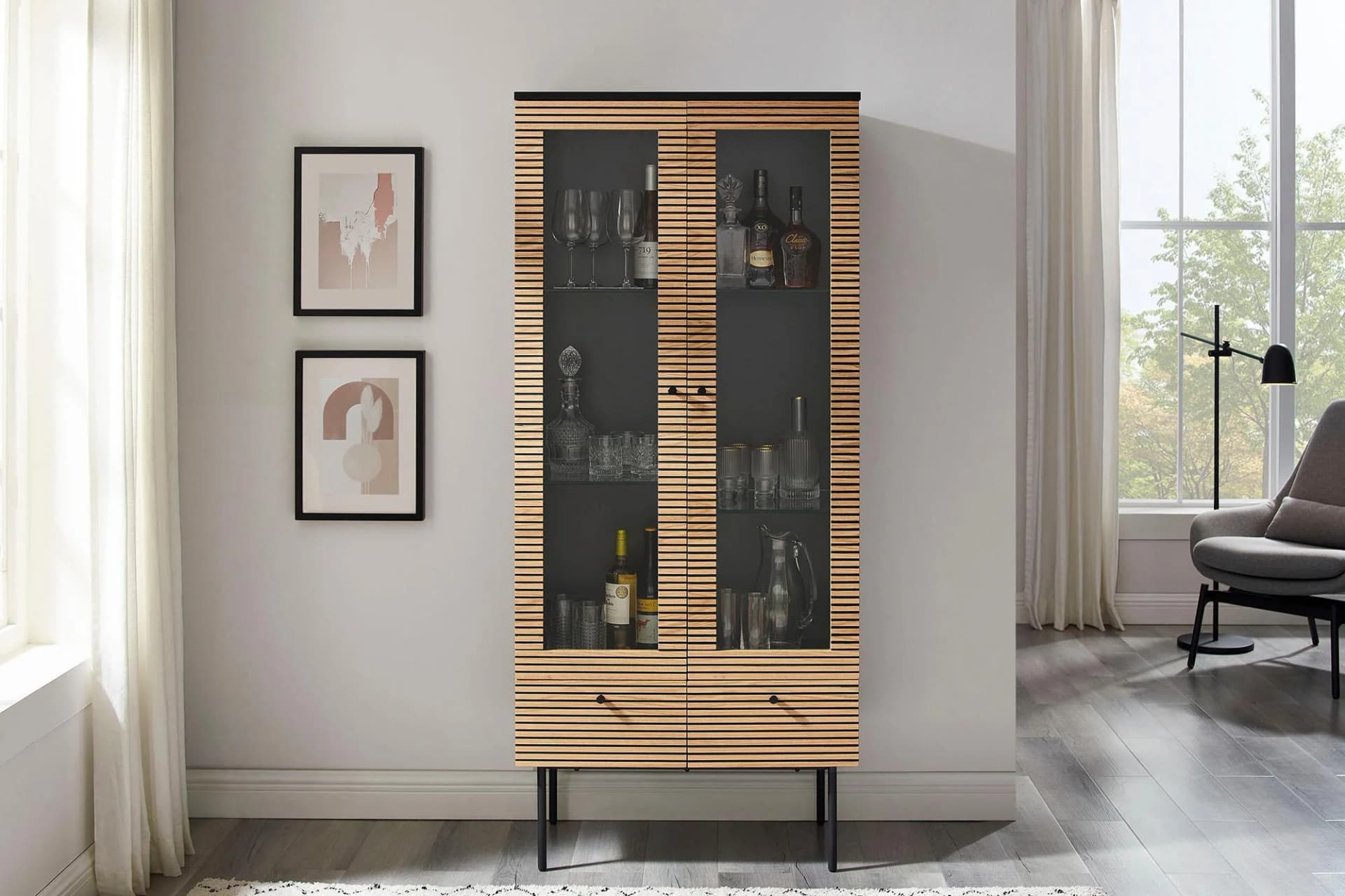 Salesfever Vitrine Torsby Eiche Echtholzfurnier Schwarz Beige