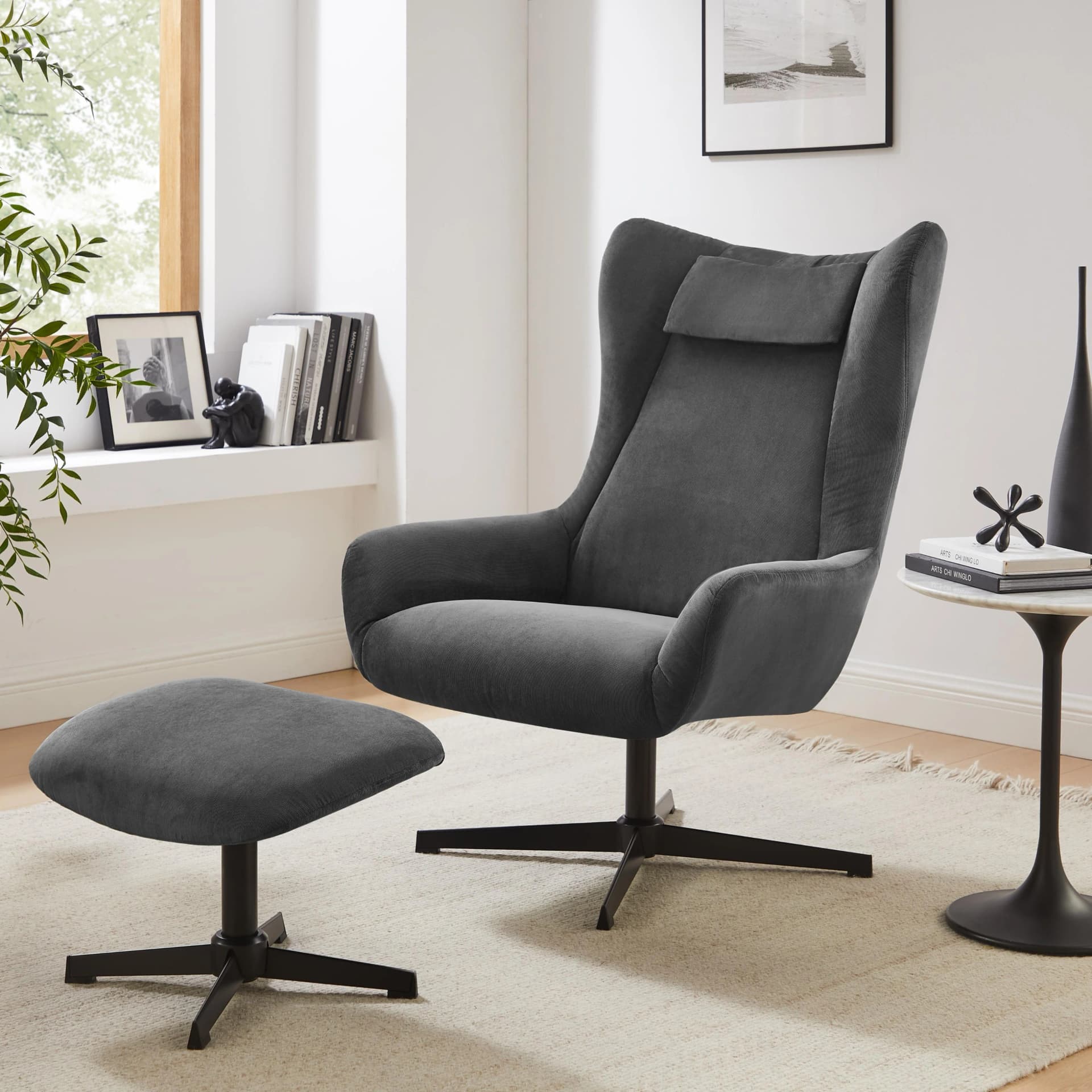 SalesFever Sessel Savannah Set 2-tlg. Grau/Schwarz mit Drehfunktion & Hocker