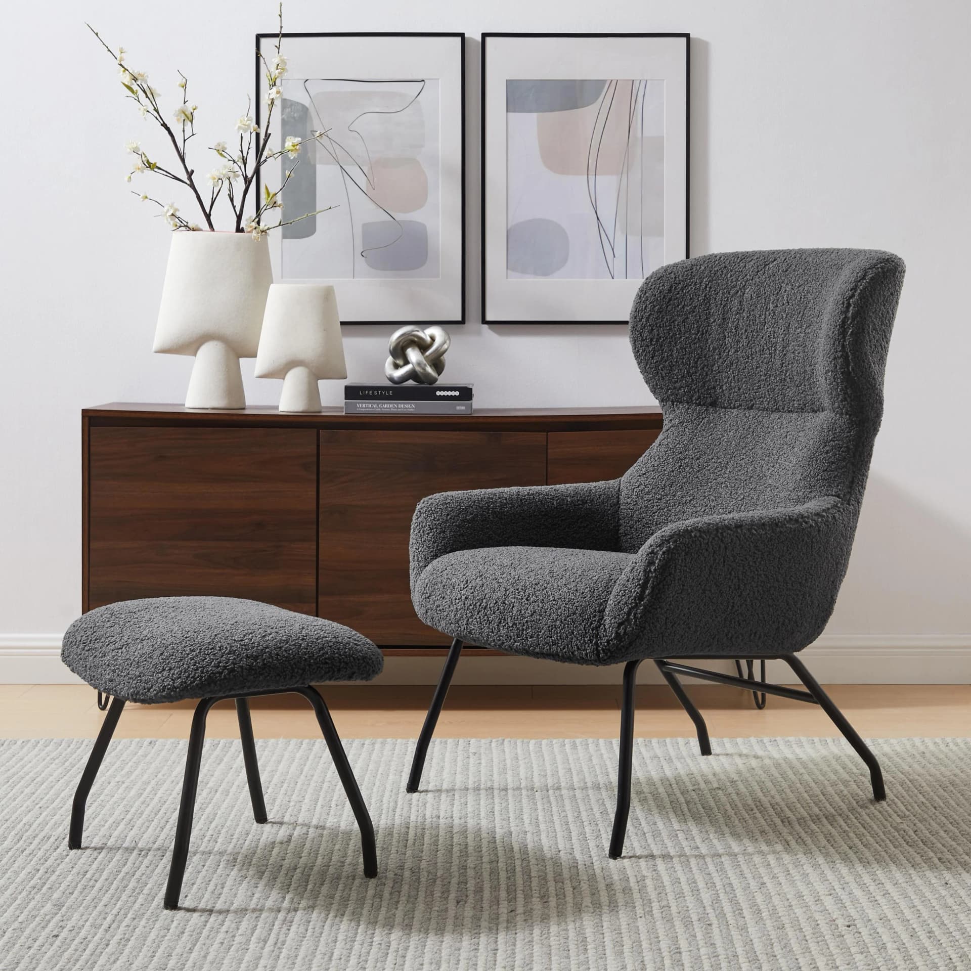Salesfever Sessel Orlando mit Hocker Anthrazit Schwarz