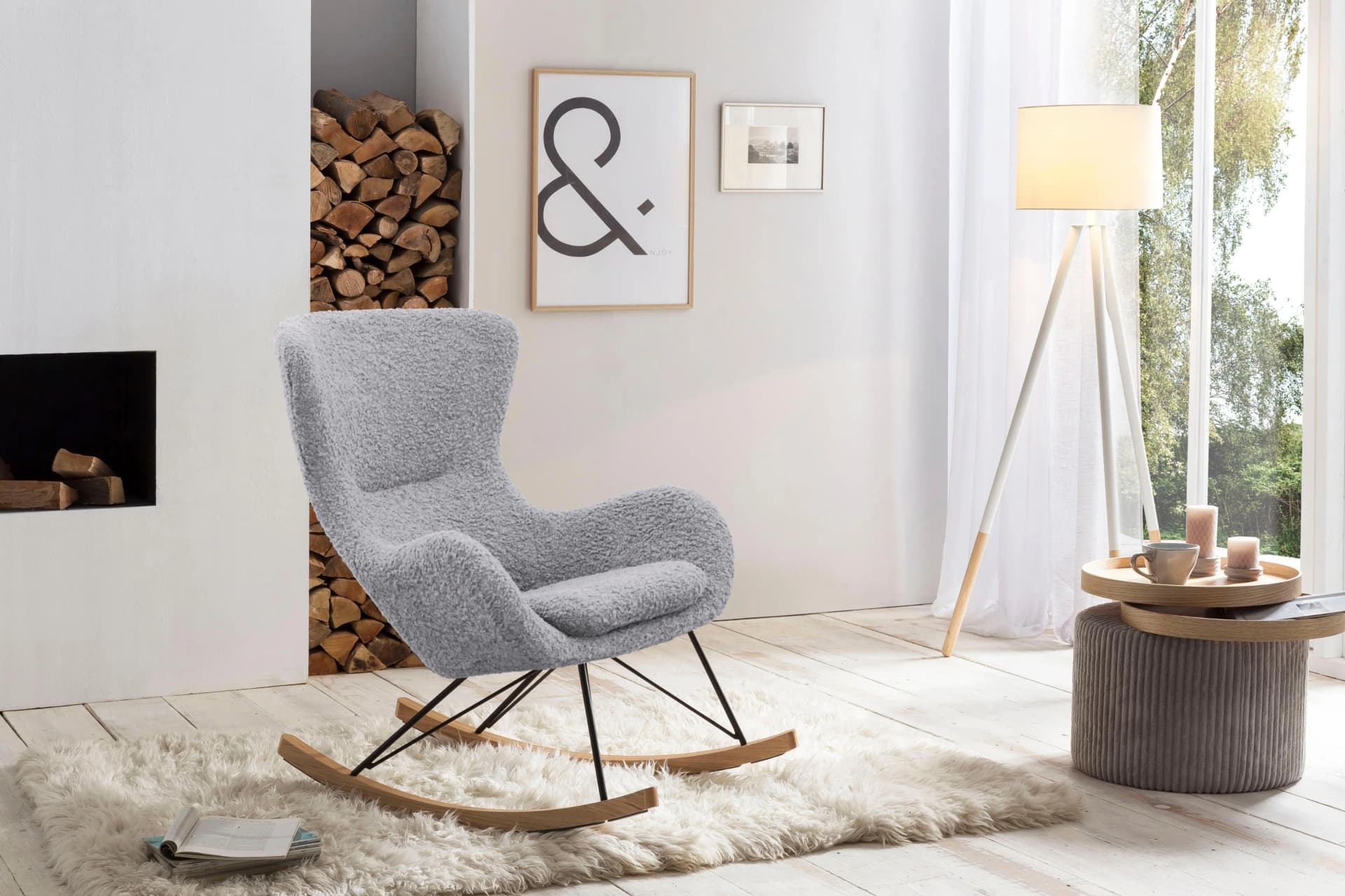 Salesfever Schaukelsessel Hellgrau Polyester Teddyfell-Optik