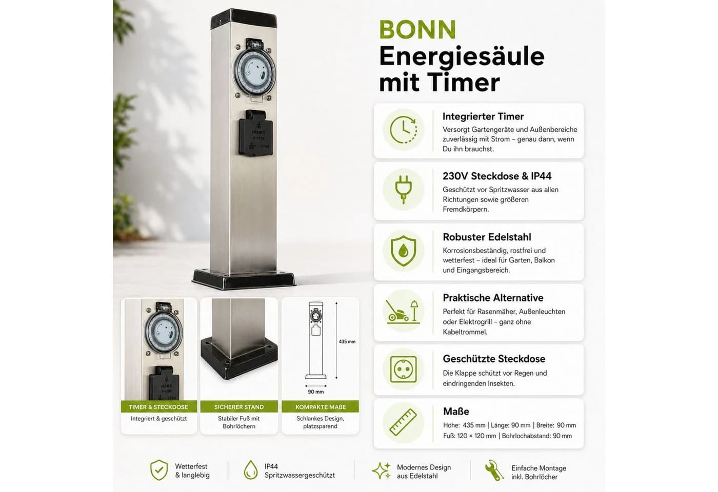 Licht-Erlebnisse Gartenleuchte BONN Edelstahl mit Timer 2 Steckdosen - Bild 3