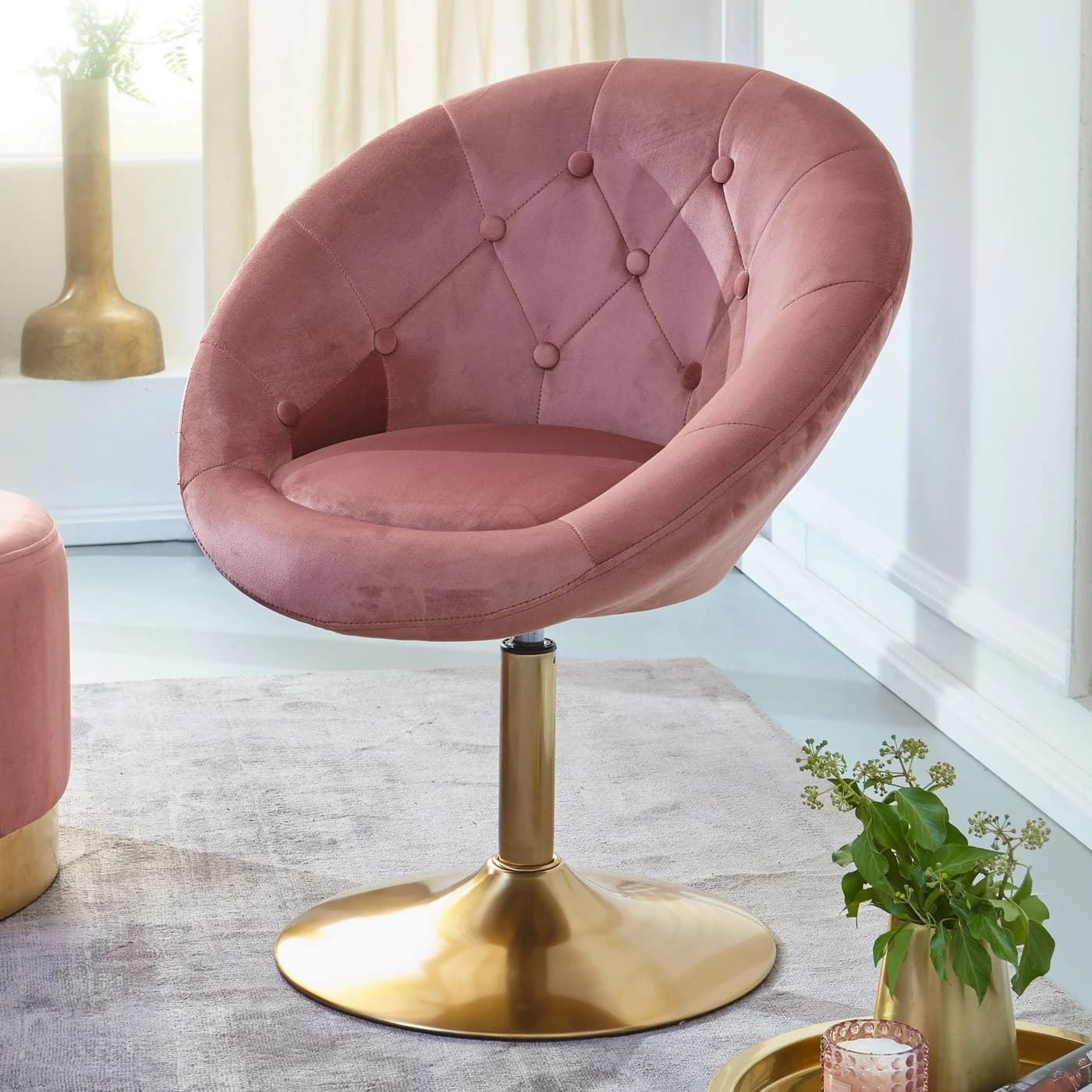 FINEBUY Samt Loungesessel Rosa Gold Drehstuhl mit Rückenlehne