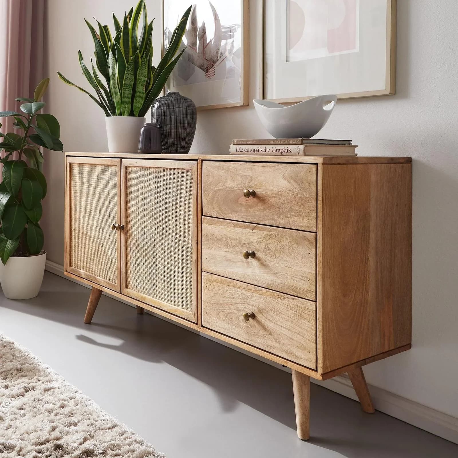 FineBuy Massivholz Sideboard Mango mit Rattan-Schubladen & Türen