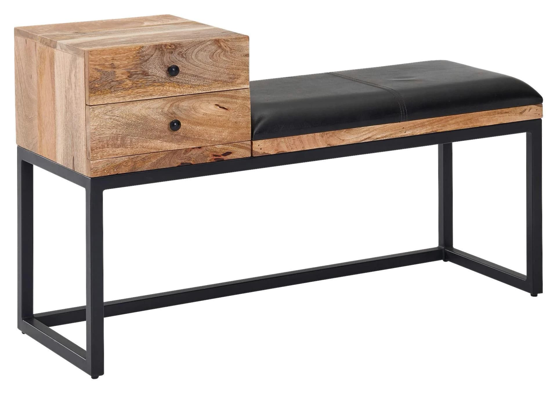 Hockerbank aus Holz und Leder in Schwarz