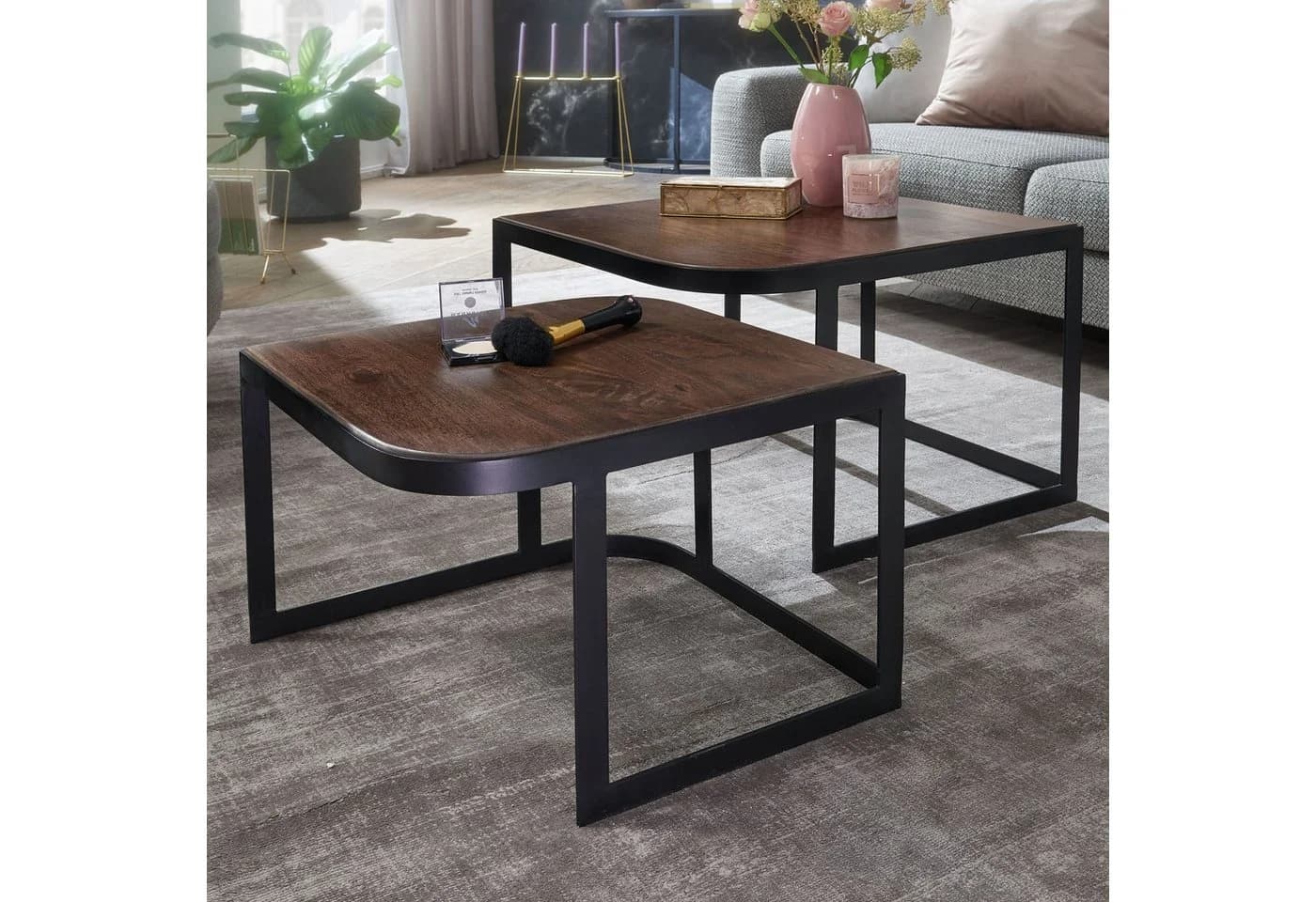 FINEBUY Satztisch FB25168 Couchtisch 2er Set Mango Massivholz Schwarz - Bild 2