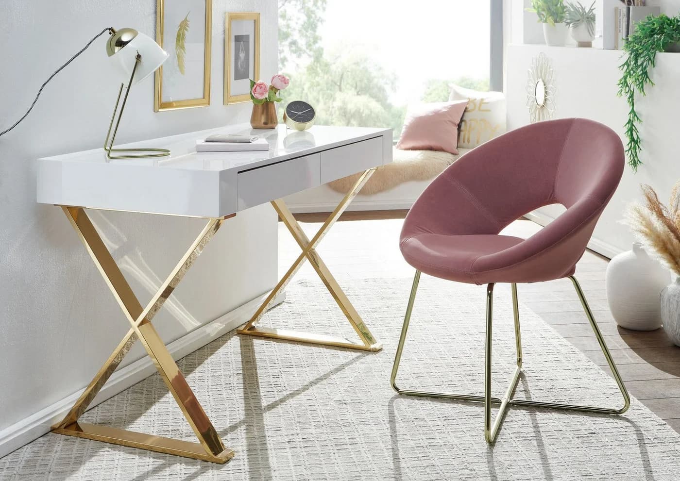 FINEBUY Schreibtisch Hochglanz Weiß Gold mit Schubladen Modern - Bild 2