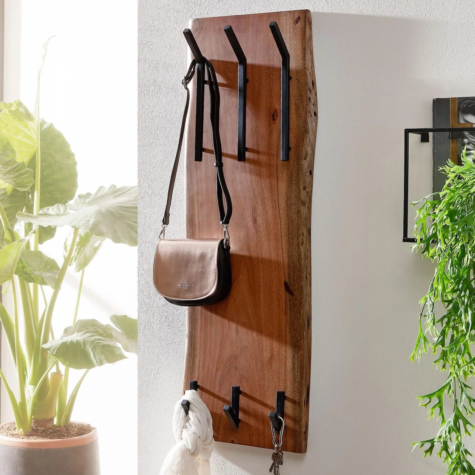 FINEBUY Wandgarderobe Akazien-Massivholz 100 cm mit 6 Haken