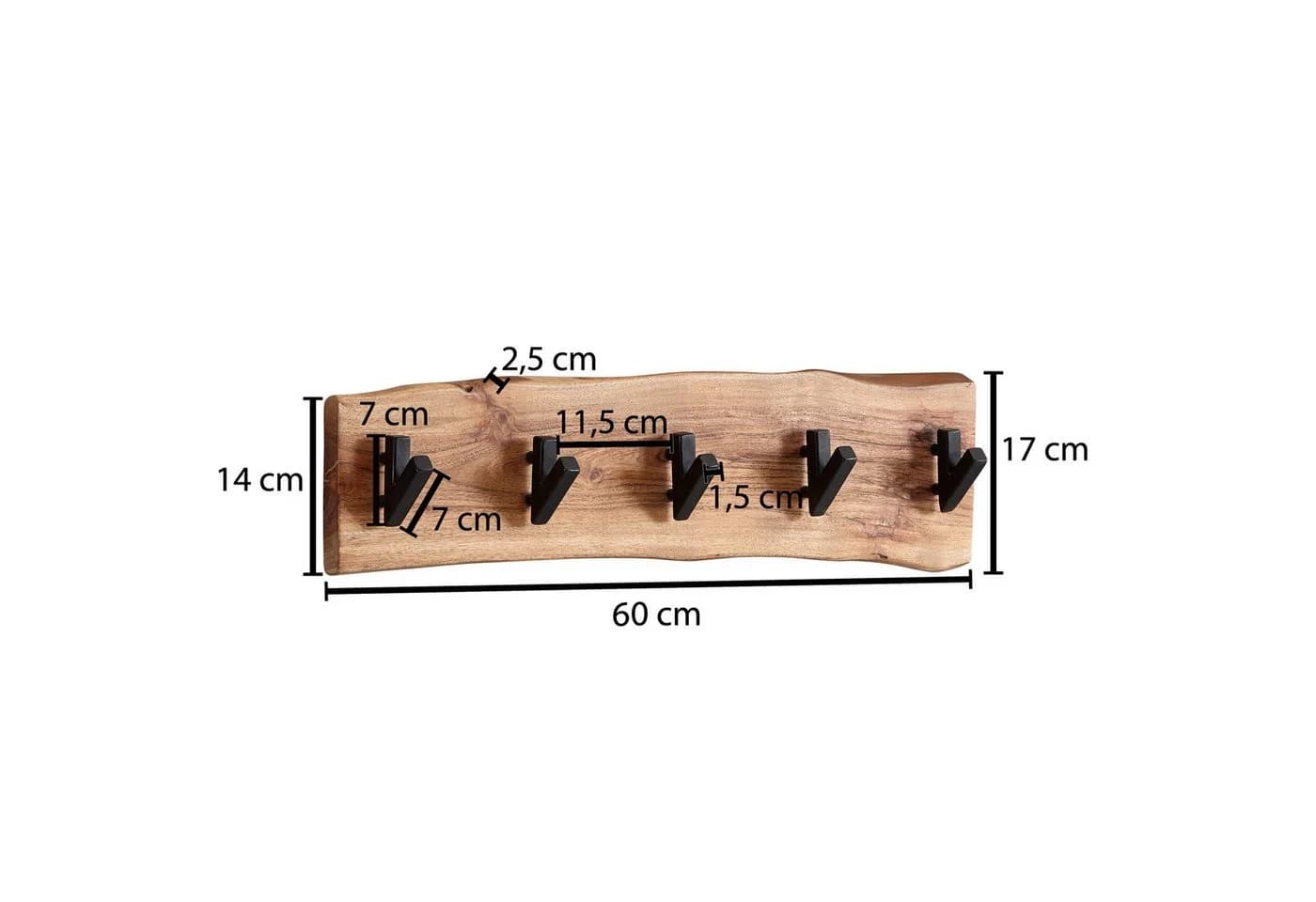 FINEBUY Wandgarderobe Akazie Massivholz Baumkante mit schwarzen Haken - Bild 3