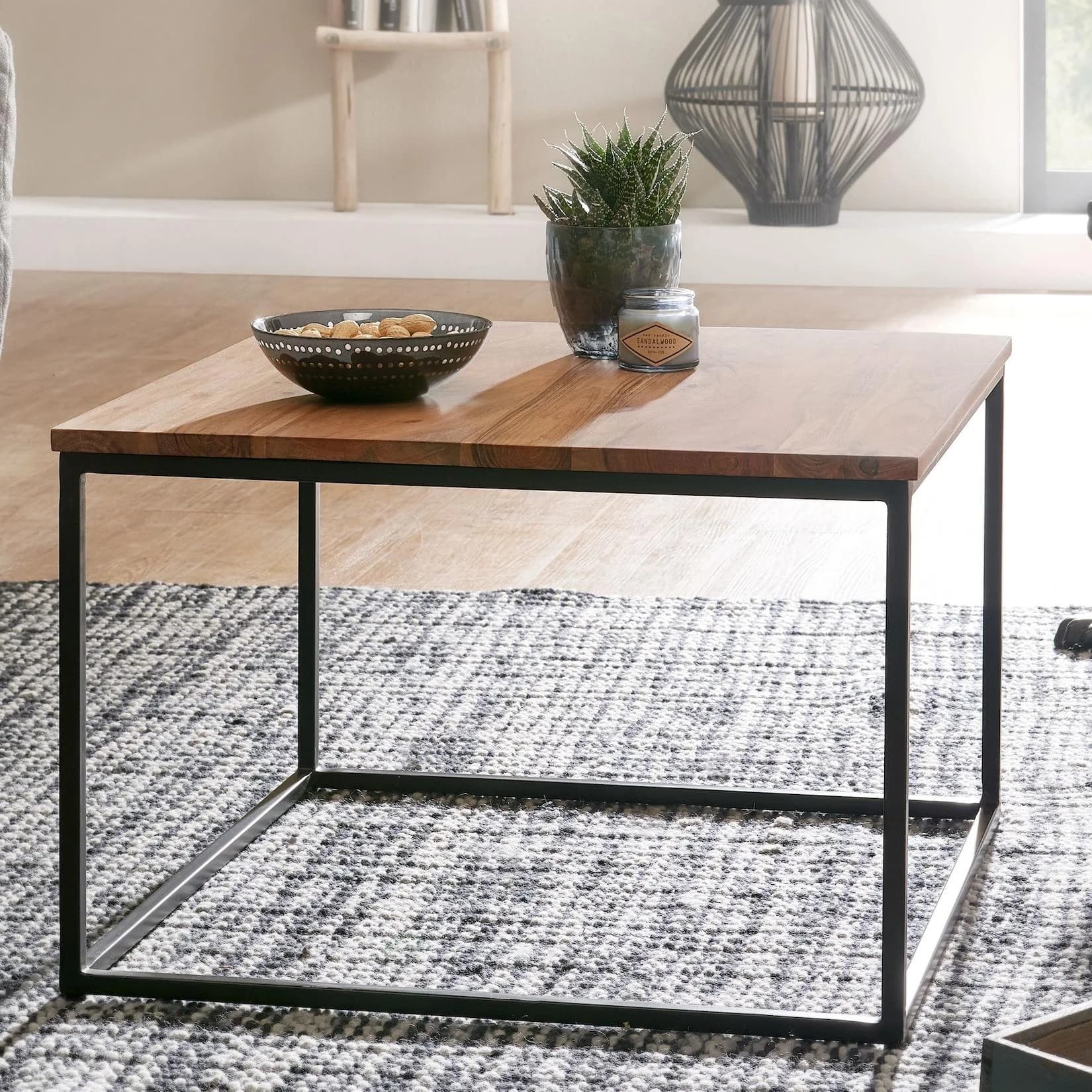 FineBuy Couchtisch Quadratisch 60x60cm Akazie Massivholz Industrial