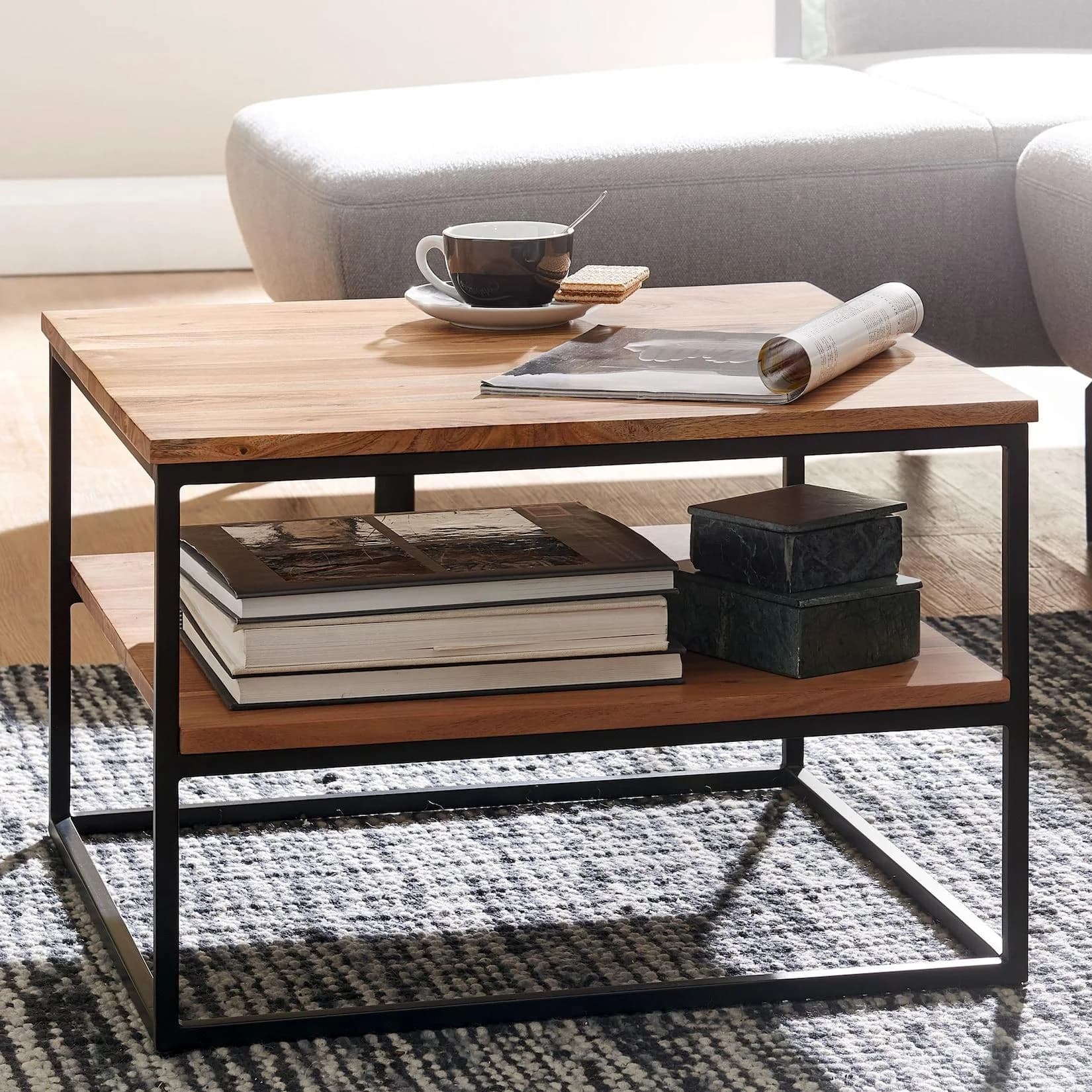 FINEBUY Couchtisch Quadratisch Akazie Massivholz Industrial