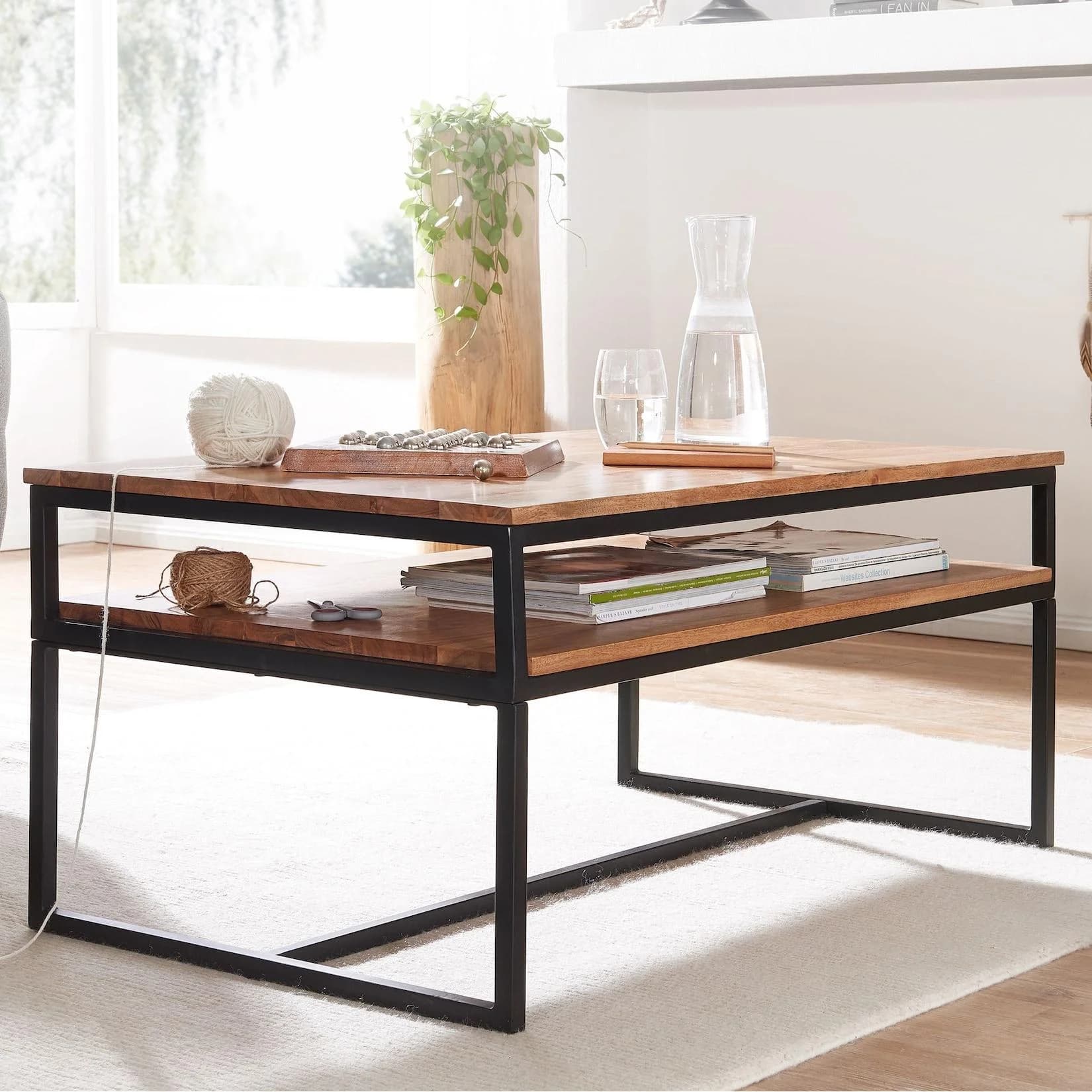 FineBuy Couchtisch Akazie Massivholz Rechteckig Industrial Loft Design