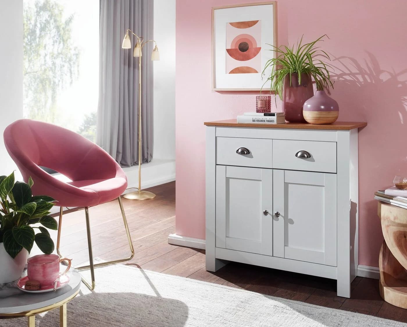 FINEBUY Sideboard Weiß Eiche Modern 2 Schubladen 2 Türen - Bild 2
