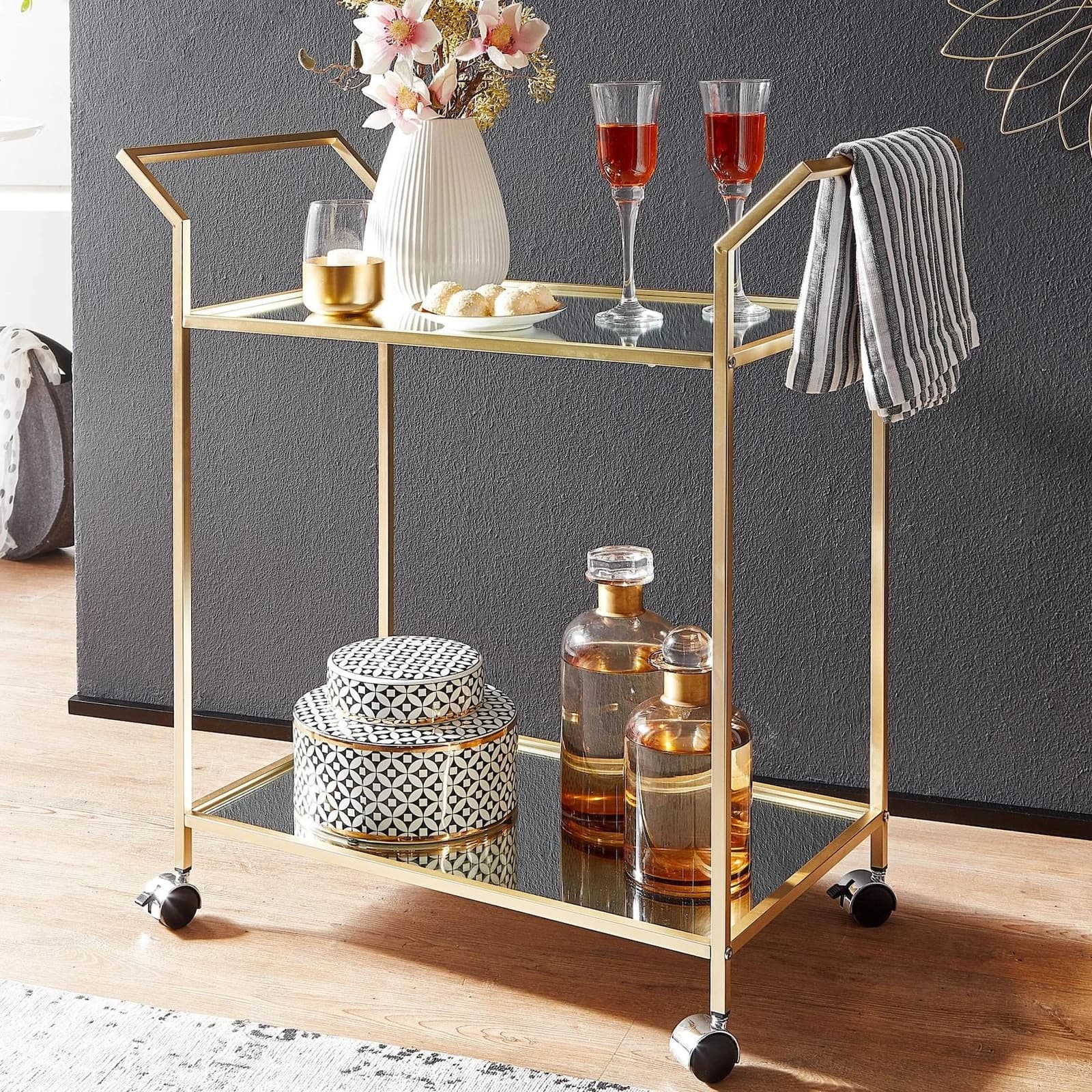 FINEBUY Servierwagen Gold Glas Metall mit Rollen