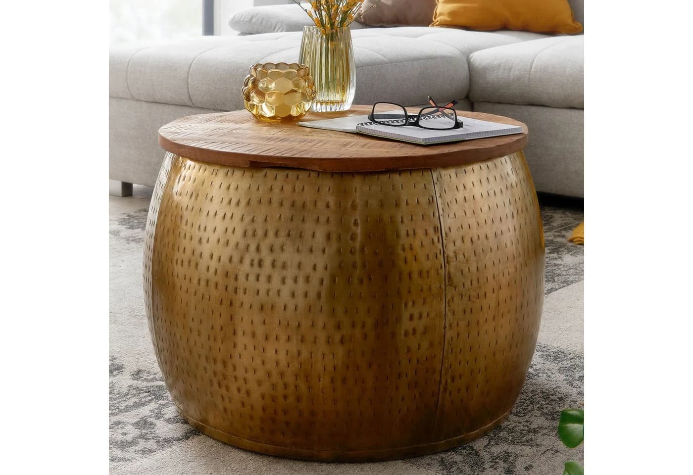 Wohnling Couchtisch Rund Gold Mango Massivholz Metall