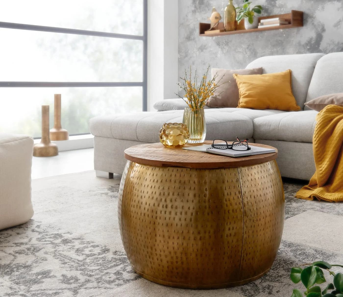 Wohnling Couchtisch Rund Gold Mango Massivholz Metall - Bild 3