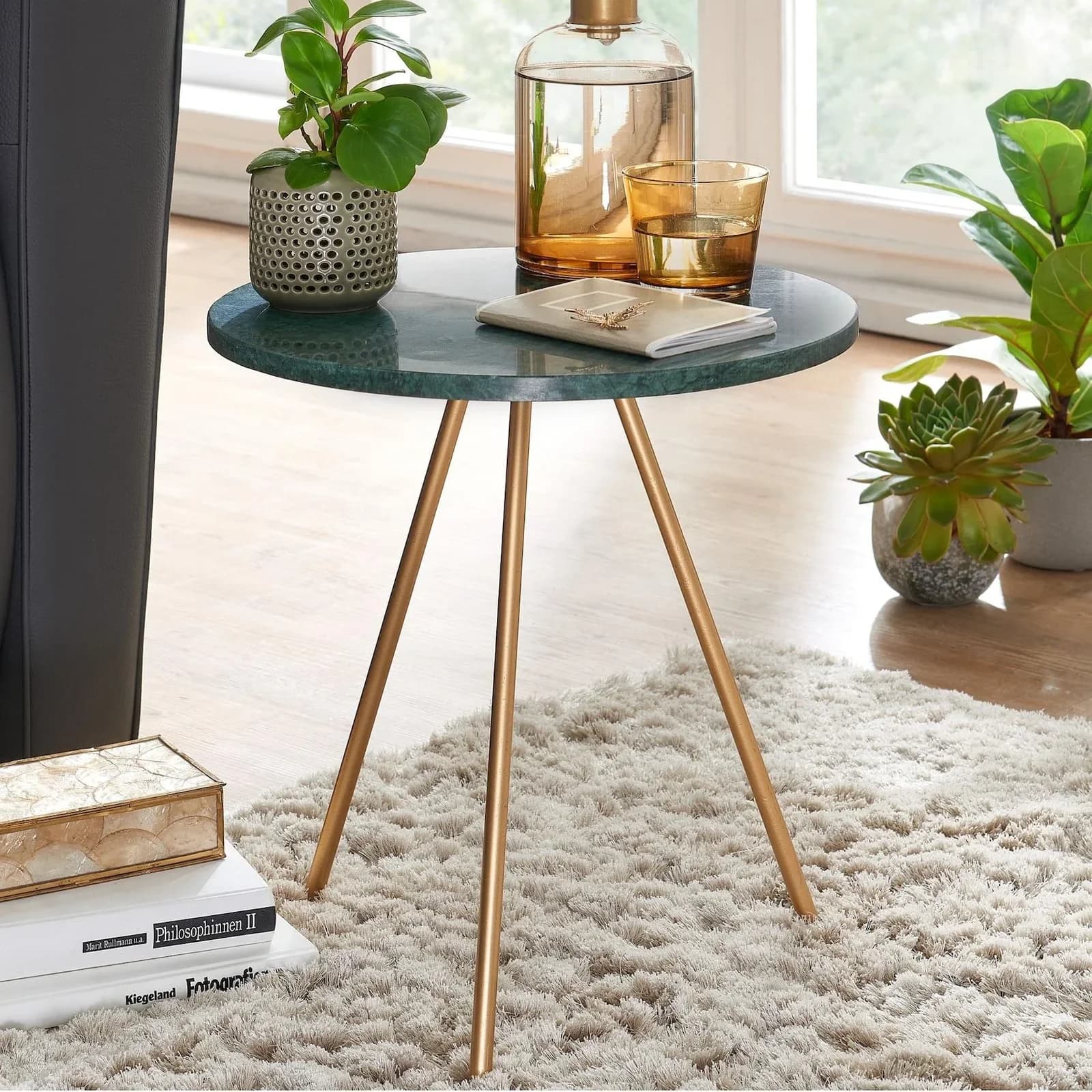FineBuy Beistelltisch Runder Sofatisch Marmor Grün Gold