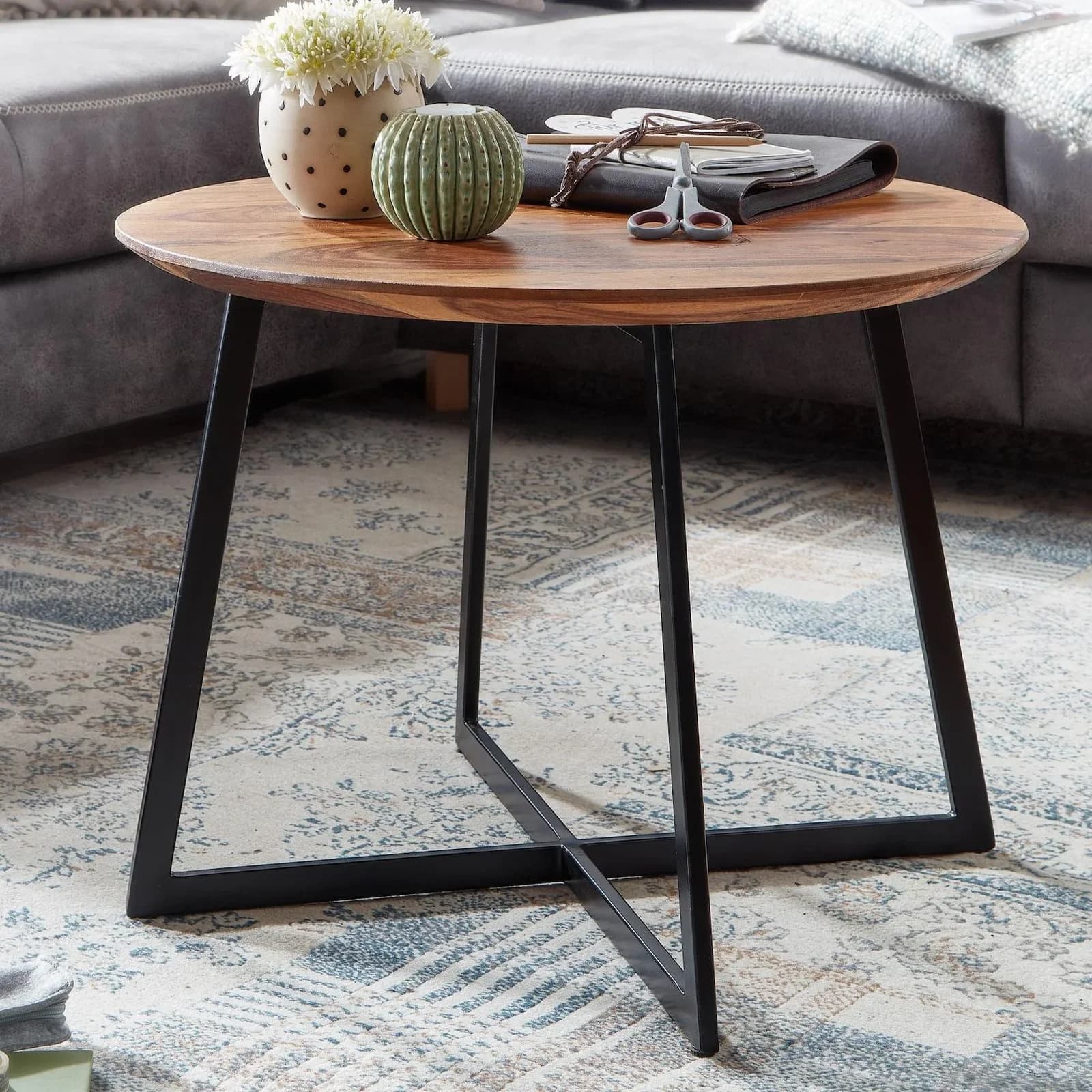 FineBuy Couchtisch Sheesham Massivholz Rund Modern