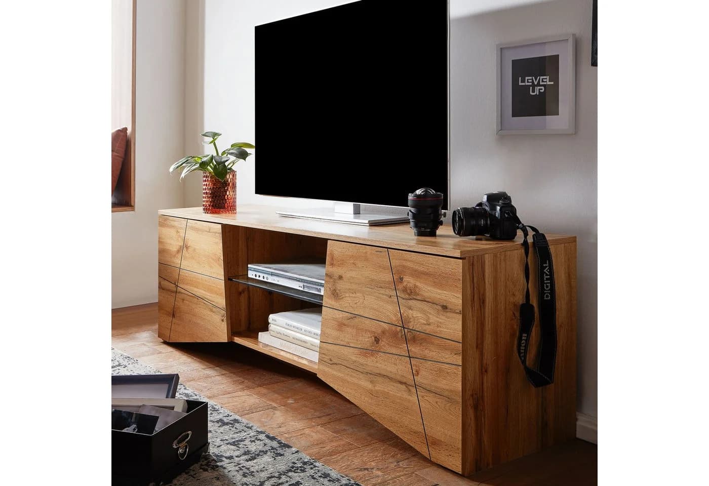 FINEBUY Lowboard TV-Board Eiche Dekor Schwarz 2 Türen Glas - Bild 2