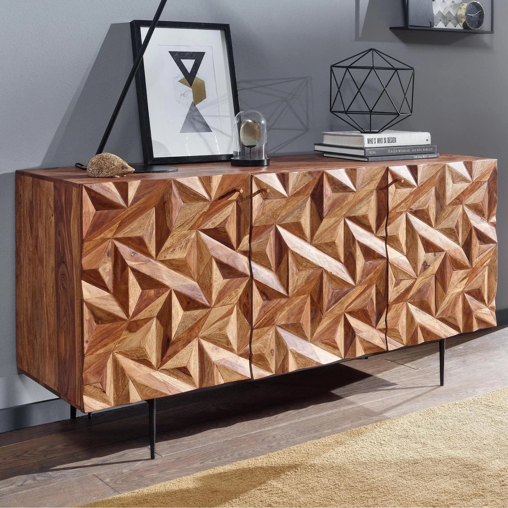 FineBuy Massivholz Sideboard 145cm Sheesham Retro 3D Design Metall schwarz