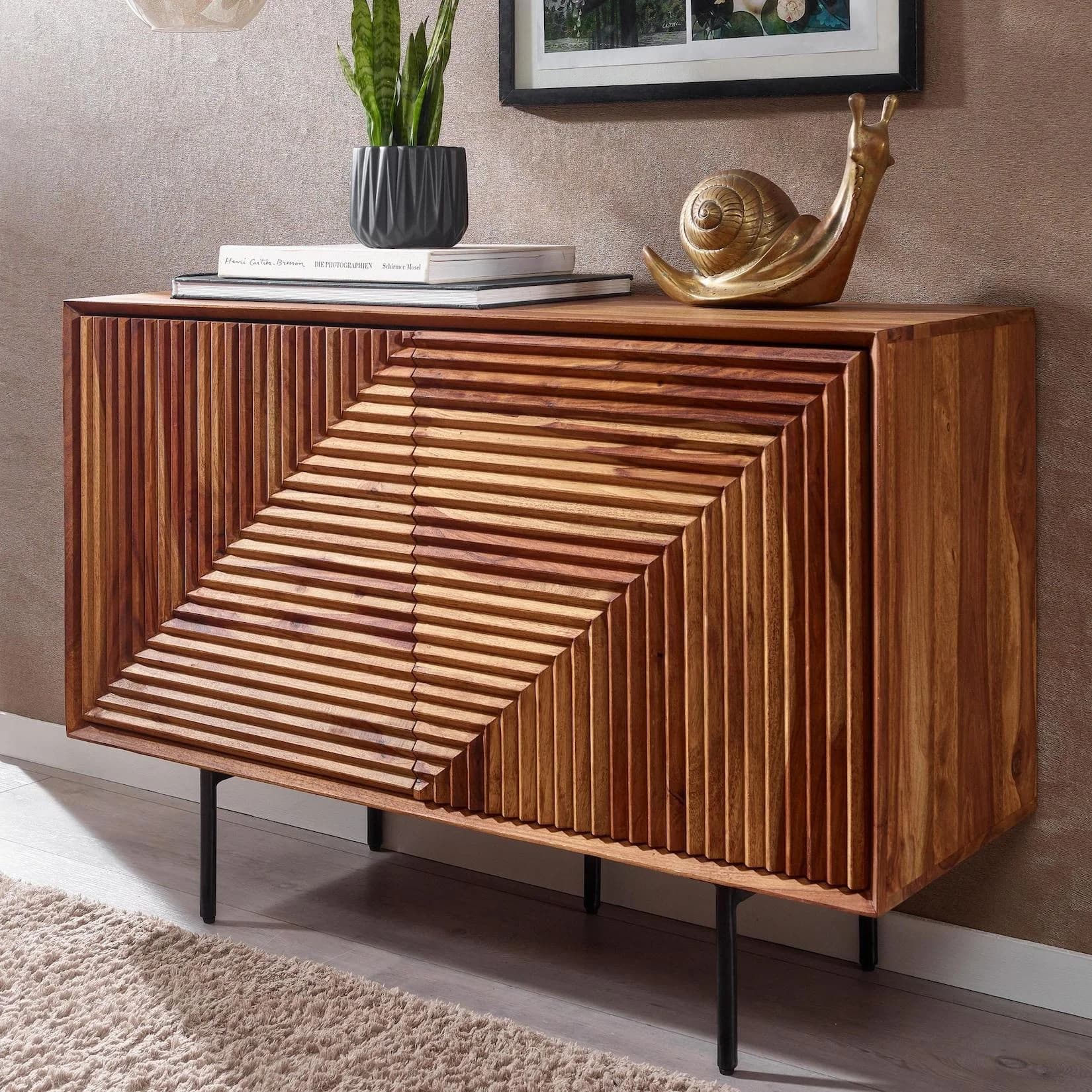FineBuy Massivholz Sideboard 100cm Sheesham Retro Schwarz Metall