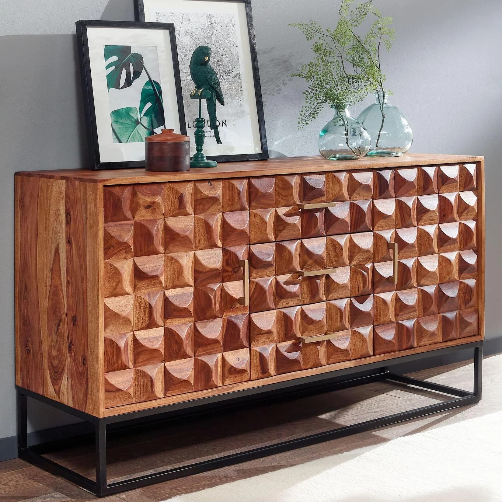 FineBuy Massivholz Sideboard 145cm Sheesham Retro 3D Design