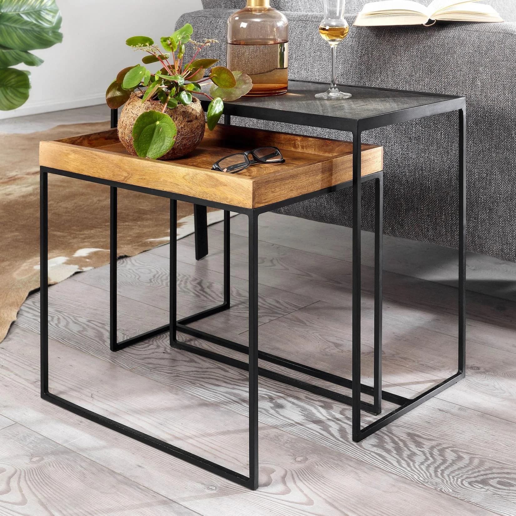 FineBuy Beistelltisch 2-teilig Massivholz Metall Industrial-Style